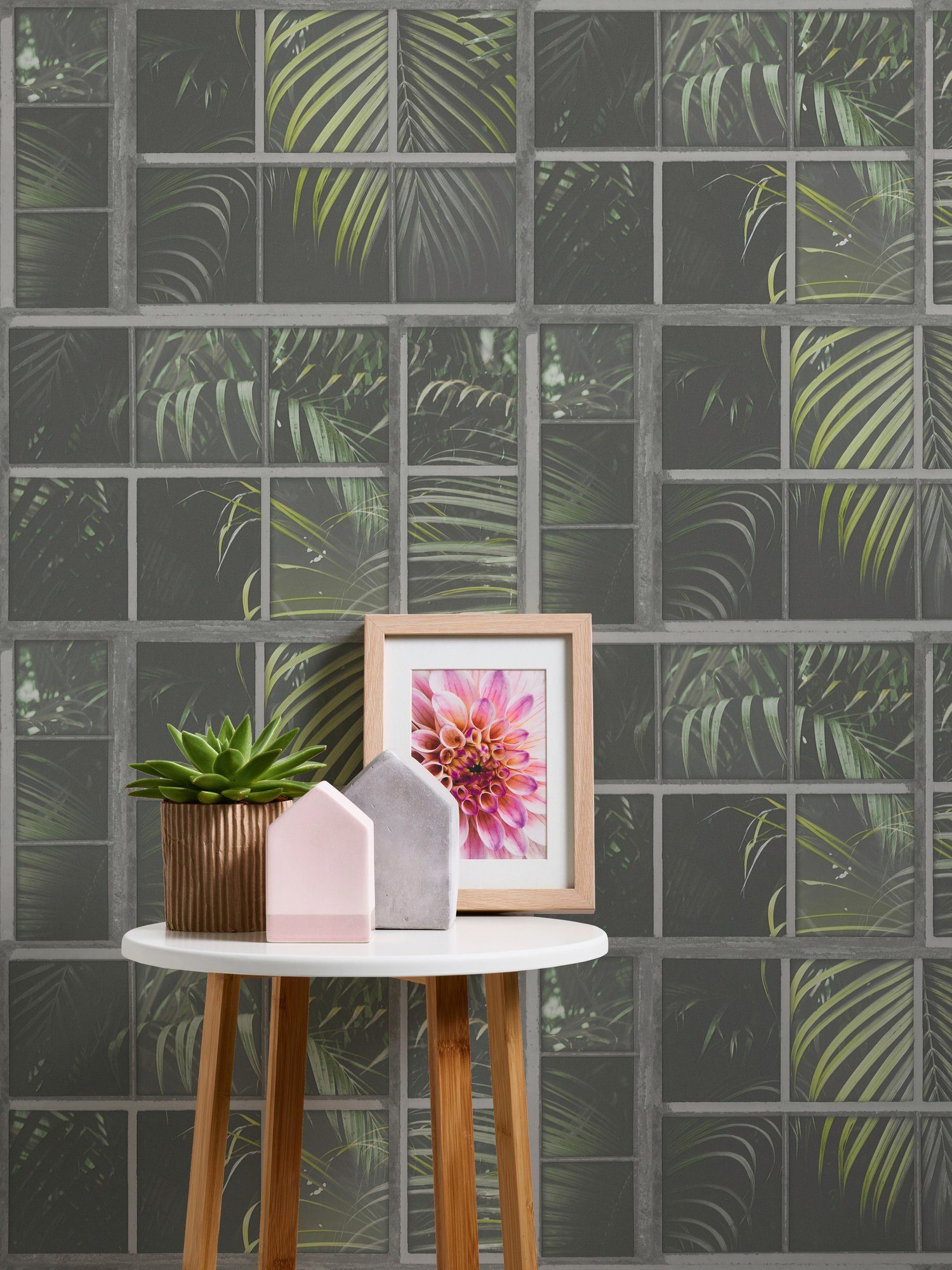 Dschungeltapete Palmen living grün/schwarz/graugrün floral, walls Industrial, Tapete botanisch, Vliestapete