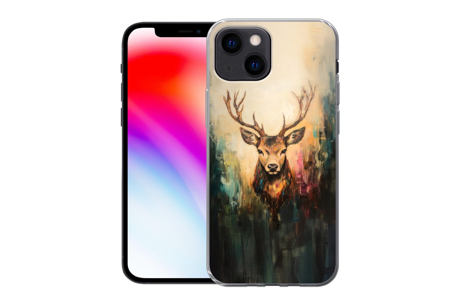 MuchoWow Handyhülle für Apple iPhone 13 mini Hirsch - Gemalt - Geweih - Braun, Smartphone-Bumper, Print, Handy Schutzhülle Dünn