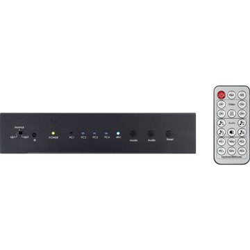 Mehrfachverlängerung 4x1 Vierfach-KVM-Switch, Multi-View, SpeaKa Professional, (KVM-SwitchNetzteil mit 12 VDC/2 AFernbedienung (incl. CR2025-Batterie)2 x L-förmige GerätefüßePhoenix-Stecker für RS232-Kabelanschluss6 x SchraubenAnleitung), KVM-Umschalter