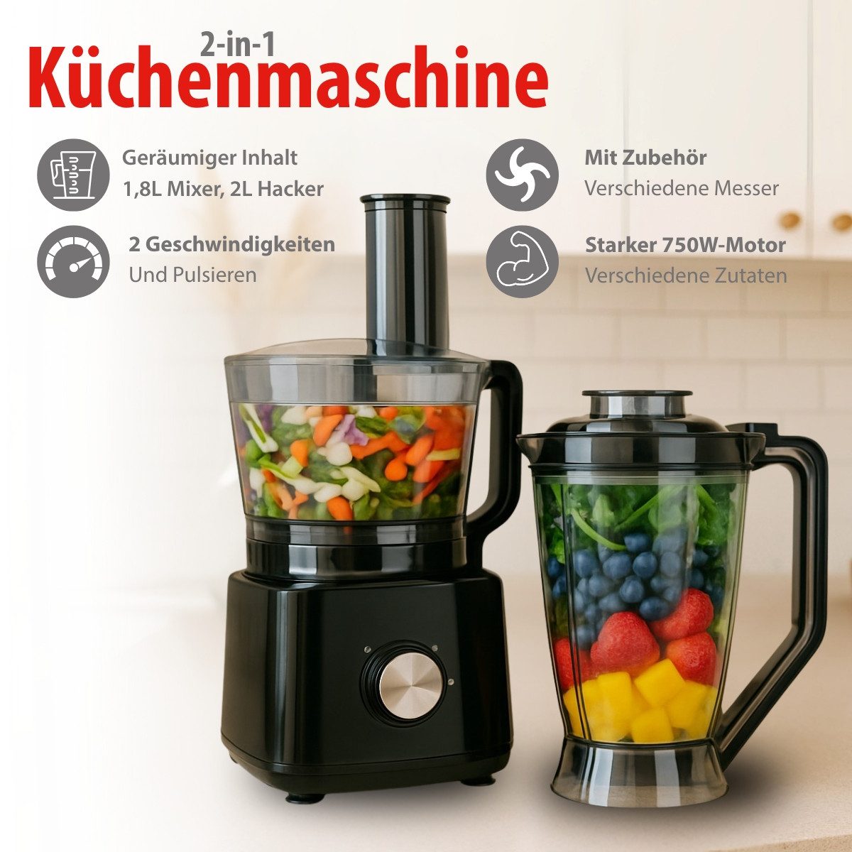 Alpina Standmixer alpina Küchenmaschine FP413GS - Mixer Smoothie Maker 1.8L, 750 W – Bild 2 von 5