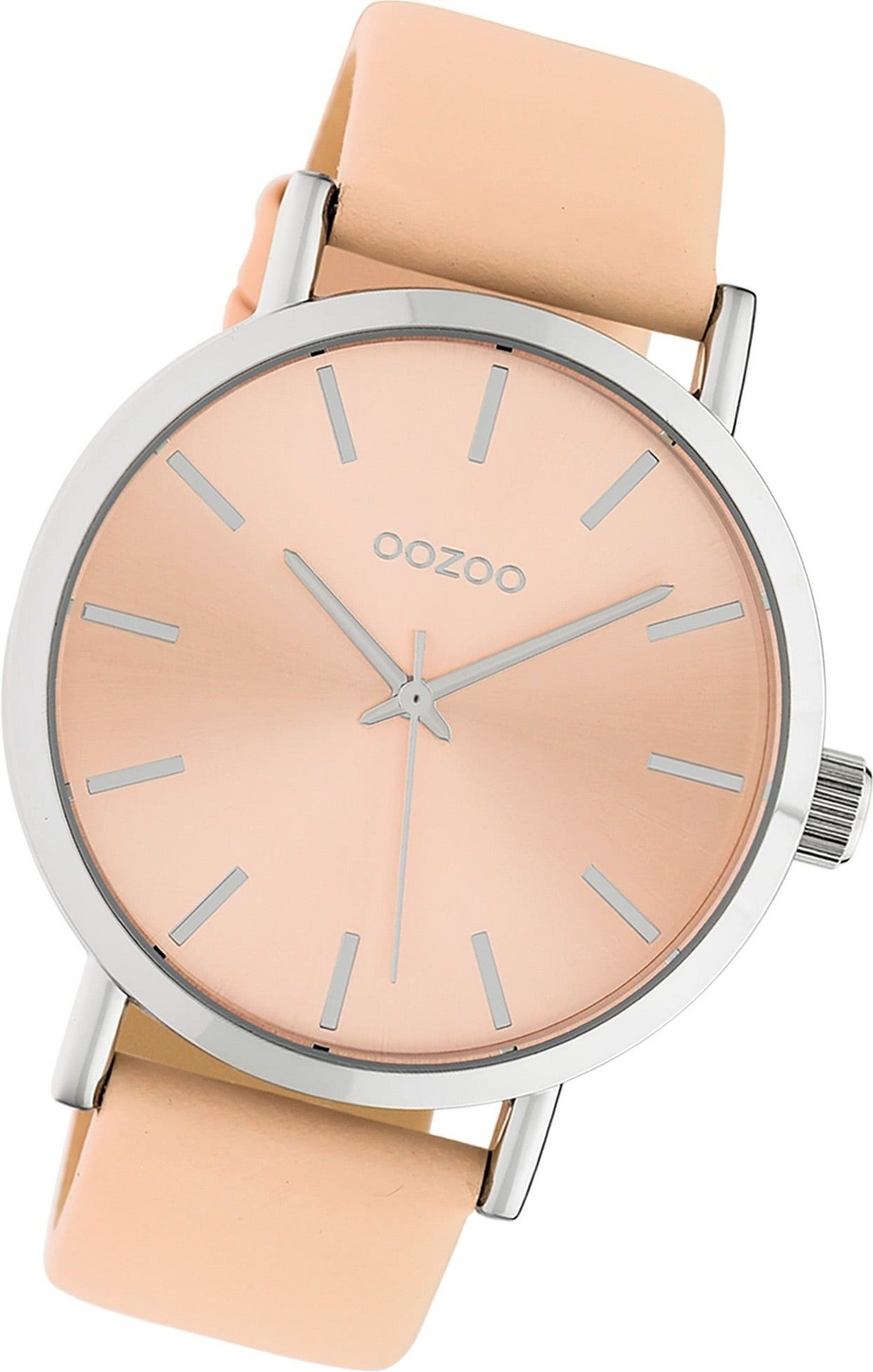 OOZOO Quarzuhr Oozoo Damen Armbanduhr Timepieces, Damenuhr Lederarmband  beige, rosa, rundes Gehäuse, groß (ca. 42mm)