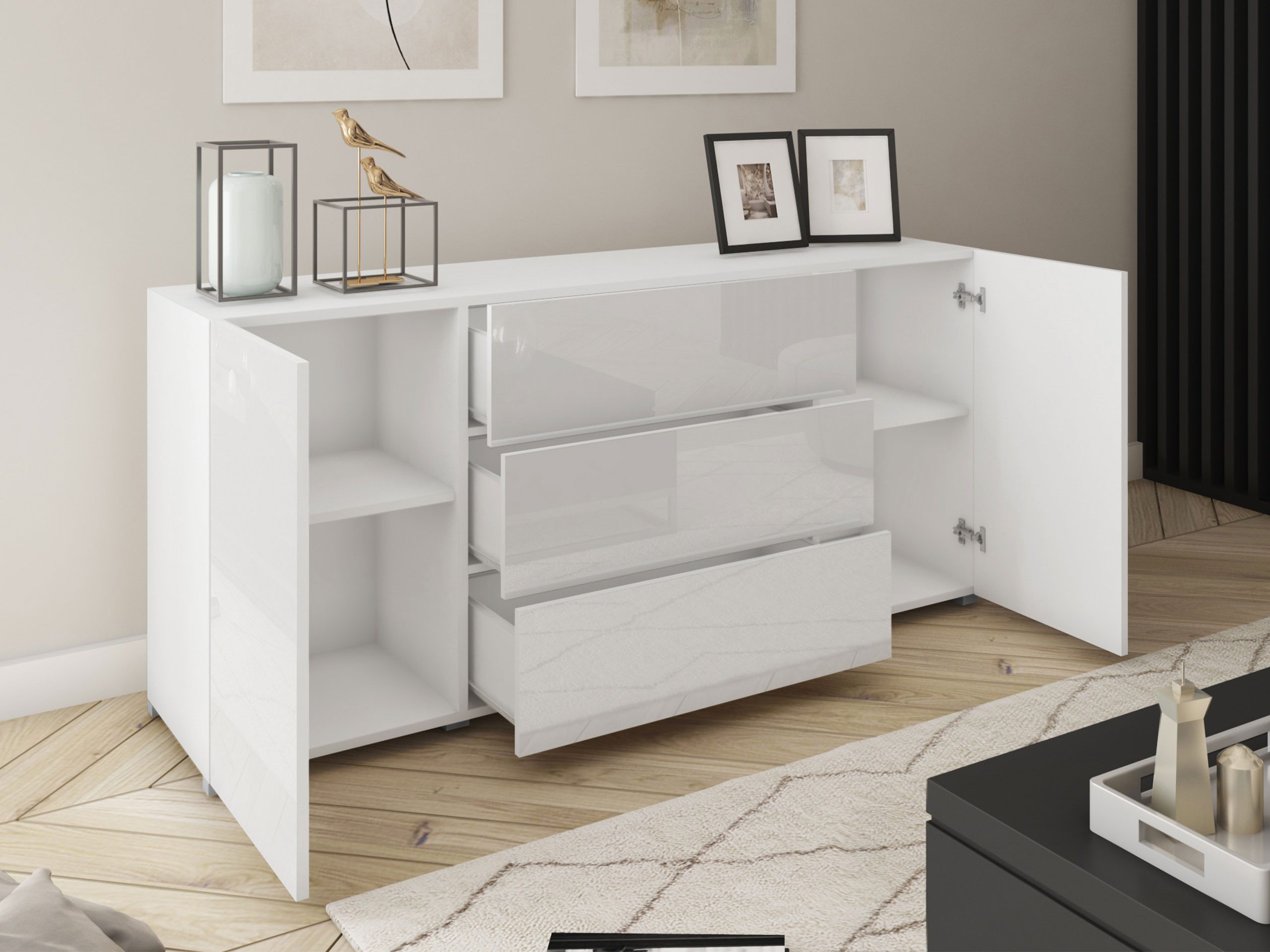 MIRJAN24 Kommode Berlin 150 (mit zwei Drehtüren und drei Schubladen), 150x39x68 cm, Rollgleitschienen