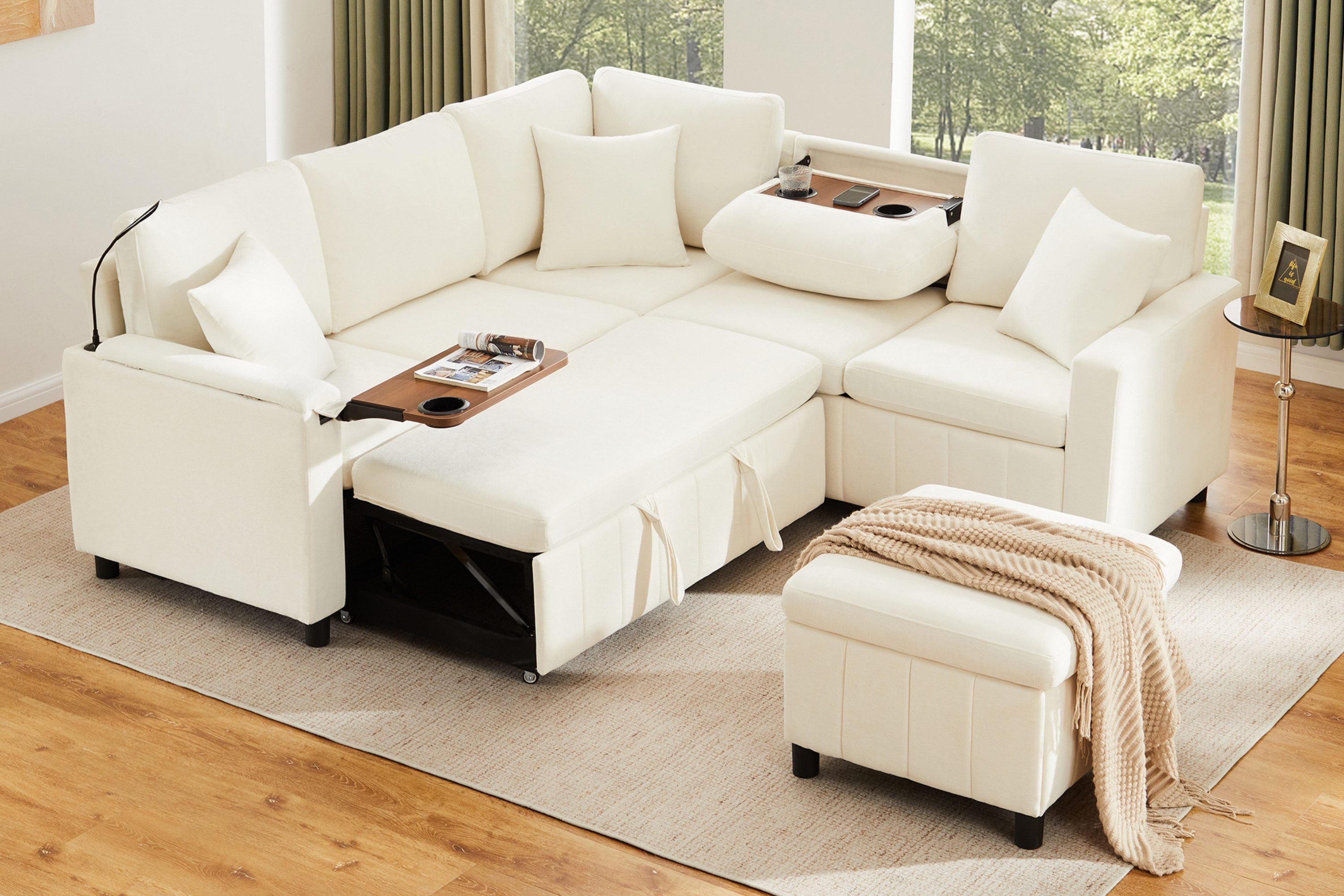 Flieks Ecksofa mit Schlaffunktion, Leselampe, USB&Type-C, und verstecktem Couchtisch, klappbare Rückenlehne mit Getränkehaltern, 5- Sitzer Ausziehsofa inkl. Hocker mit Stauraum, Chenille Beige