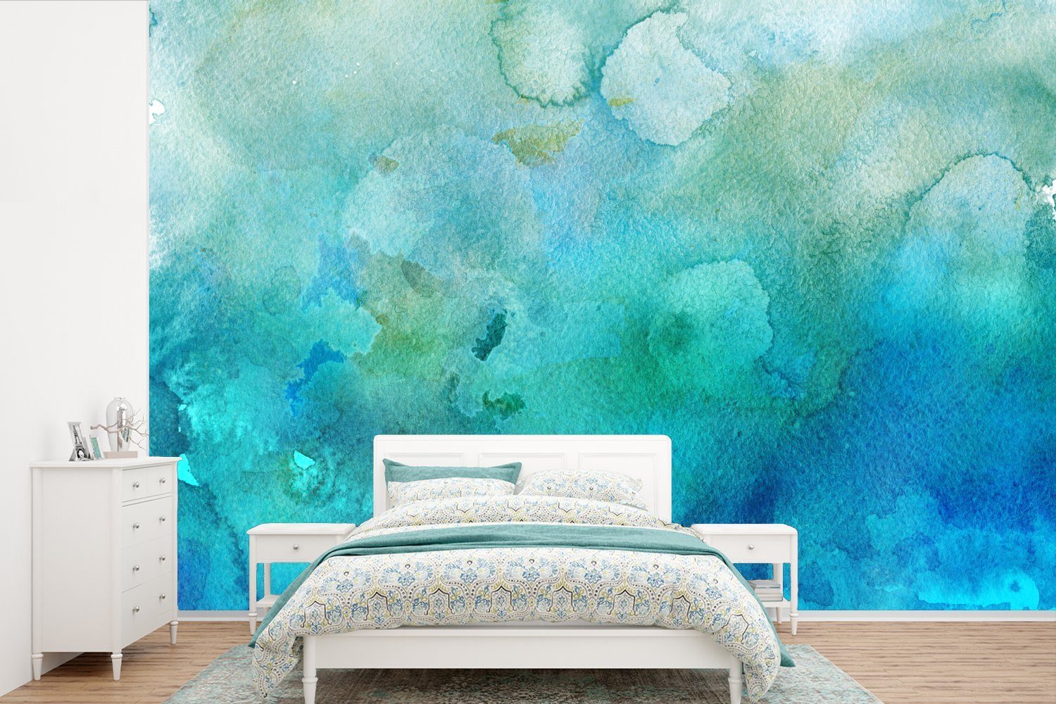 Wallpaper Kinderzimmer, Grün Farbton, Fototapete Blau MuchoWow - (6 Aquarell Schlafzimmer, Tapete Wohnzimmer, - St), bedruckt, - Vinyl Matt, für