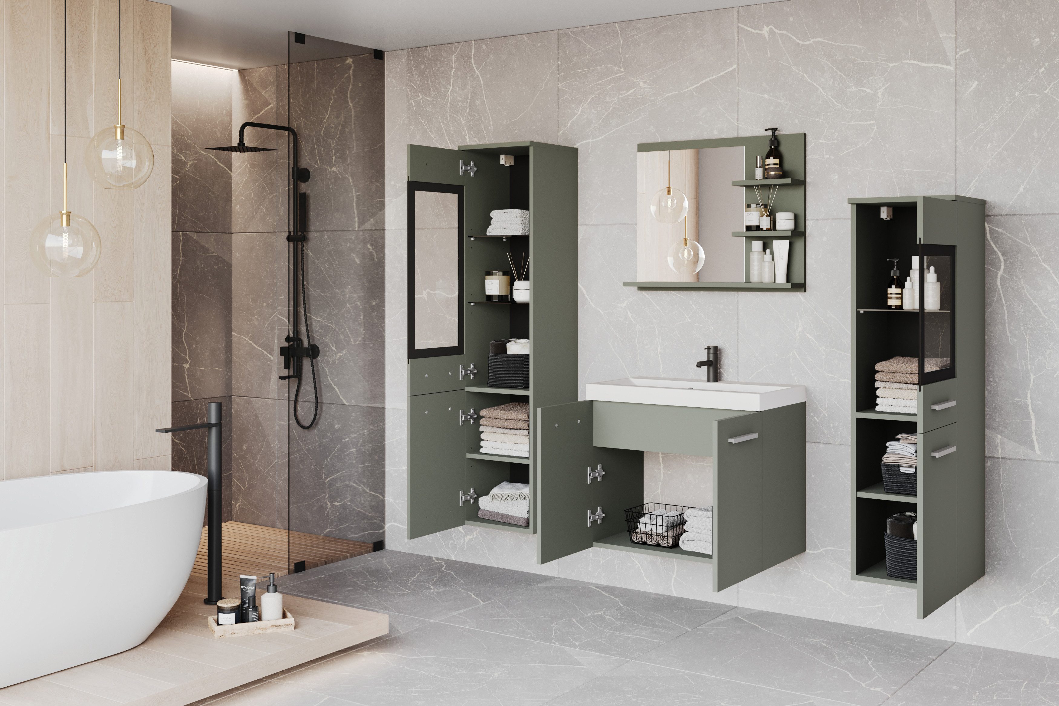 welltime Badmöbel-Set MADRIT, (Komplett-Set, 5-St., mit Waschbecken), Waschtisch inkl. Waschbecken, Badschrank, Hochschrank, Spiegel