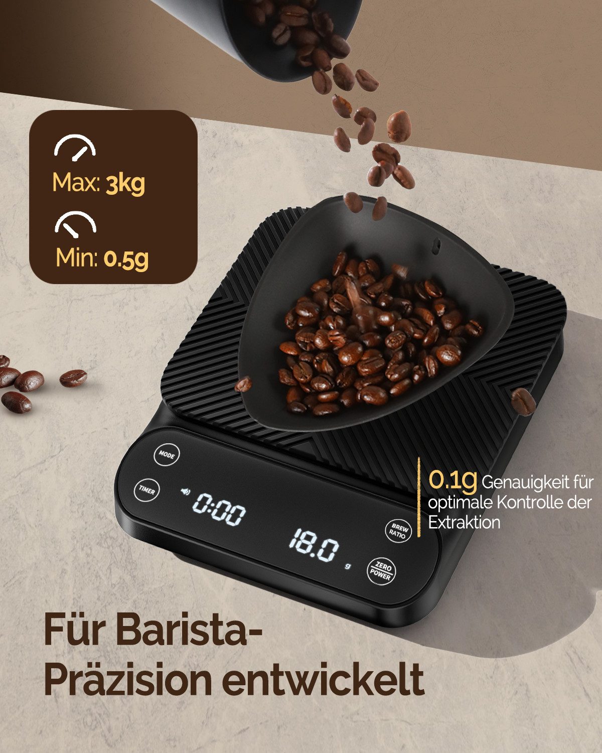 Maestri House Küchenwaage K125 Pour-Over-Kaffeewaage mit Timer, 0,1 g / 3 kg, (1-tlg., für V60, Chemex, French Press und Espresso), Flow Rate, Brühverhältnis 1: – Bild 3 von 5