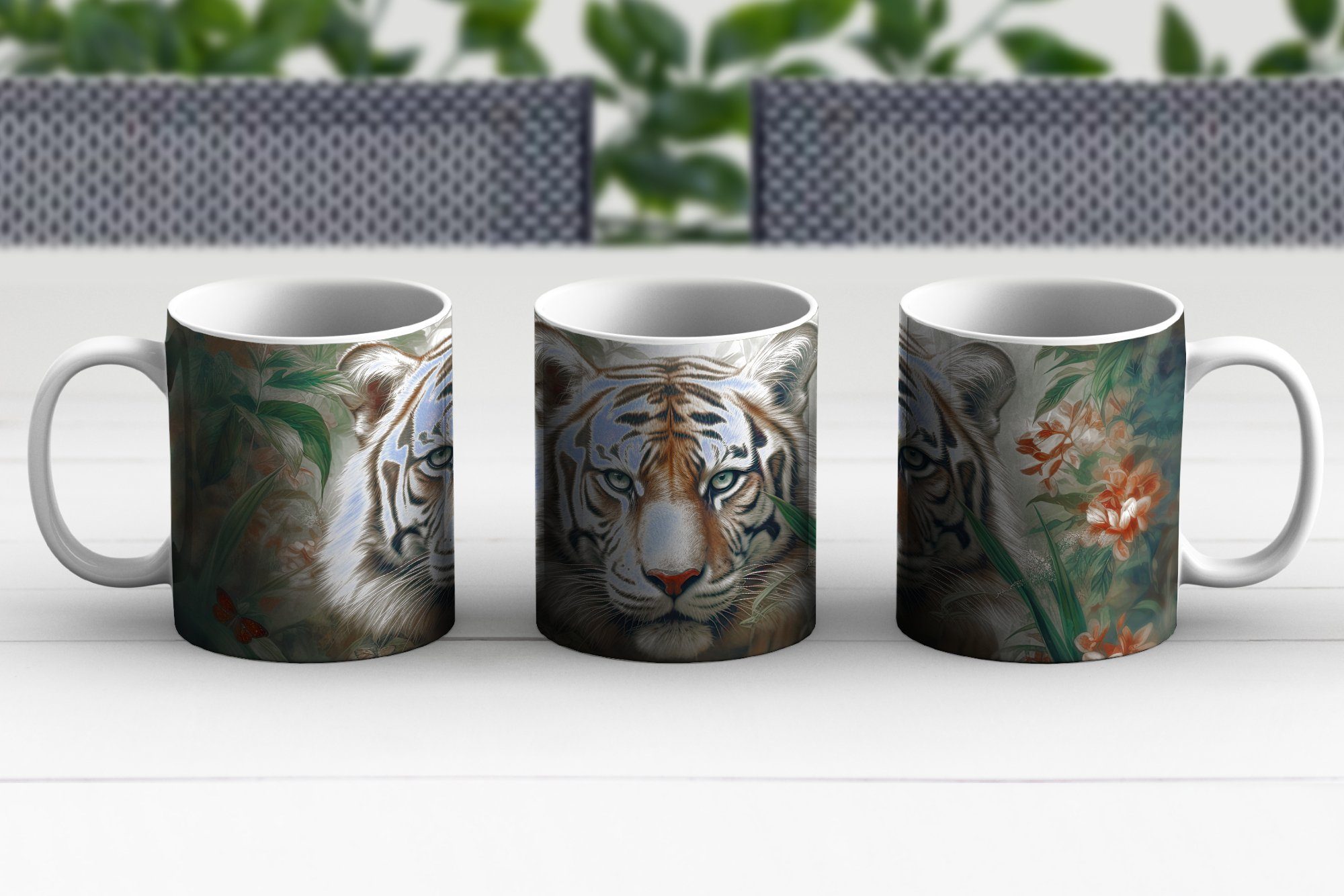 Blumen, - Tasse - Teetasse, MuchoWow Keramik, Tiger Teetasse, Kaffeetassen, Tiere Geschenk - Schmetterlinge Becher, - Dschungel