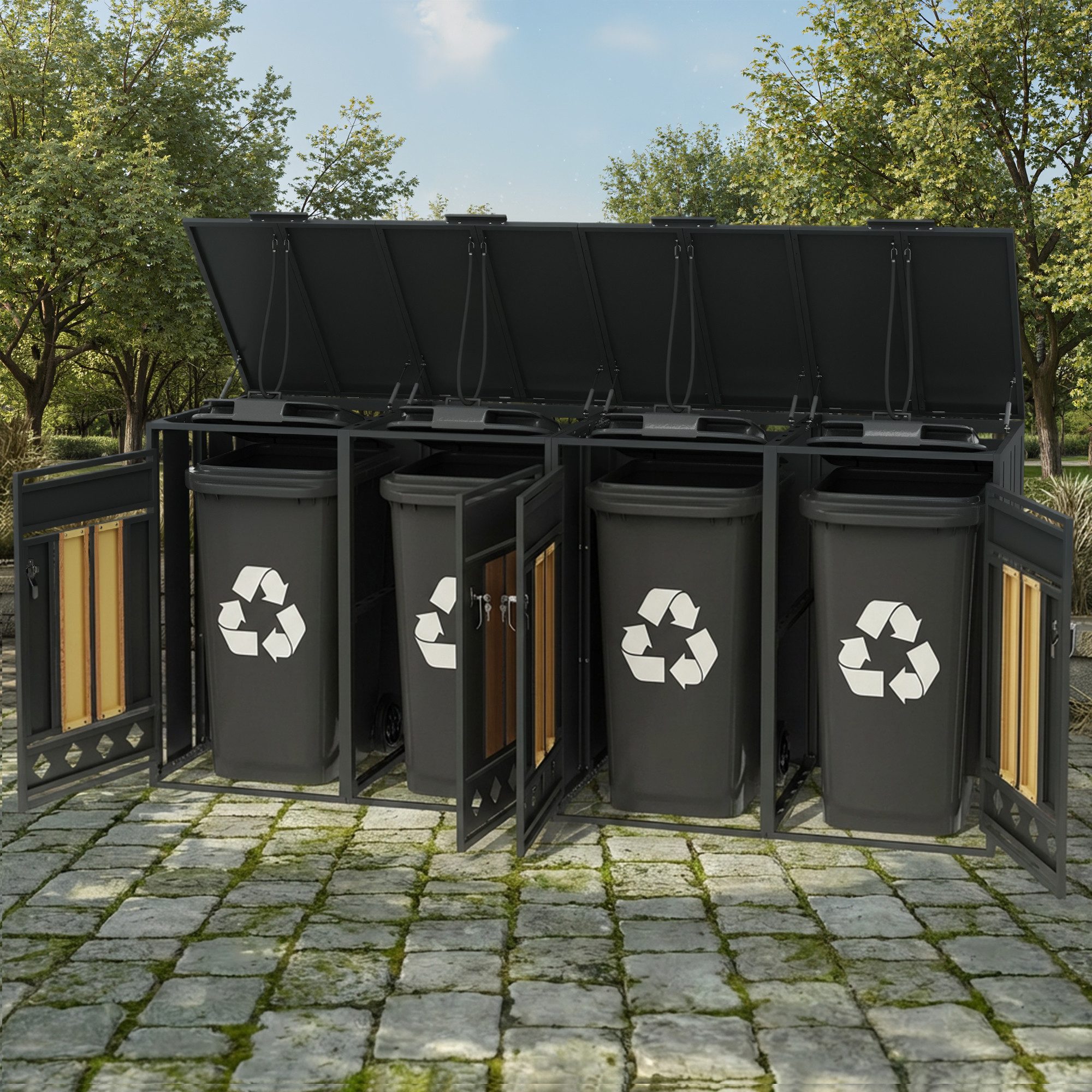Refined Living Mülltonnenbox Mülltonnenbox für 2/4 Tonnen Stahl, Schloss, Holzoptik, wetterfest (Mülltonnenbox für 4 Tonnen, 264x80x124,5 cm, Stahl verzinkt, Holzoptik vertikal, 2 St., abschließbar, Rautenbelüftung, Pflanzfläche, große Kapazität), Mülltrennung System, Garten Wohnanlage Gewerbe, wetterfest