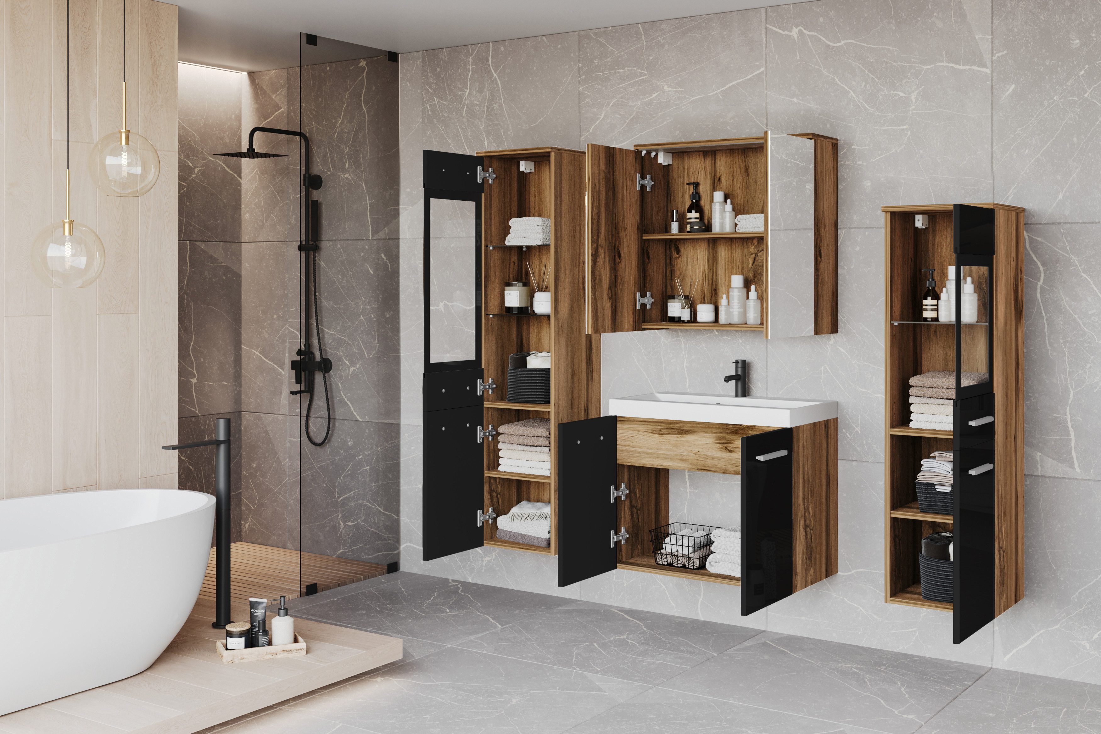 welltime Badmöbel-Set MADRIT II, Schrank mit Waschbecken, 2 Hänger, Spiegelschrank, (Komplett-Set, 5-St), Hängende Badmöbel mit Glaseinsätzen – in vielen Farben erhältlich