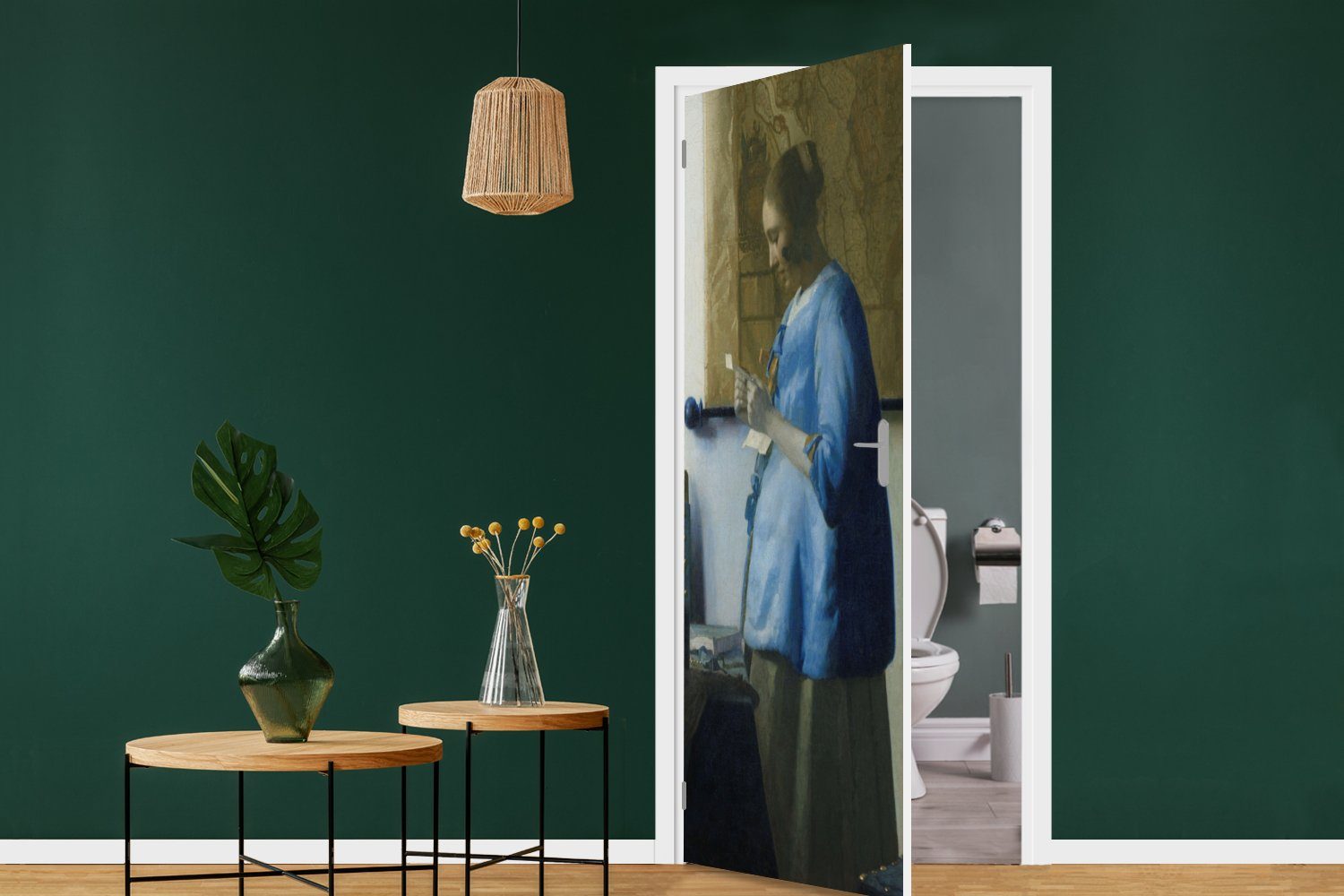 MuchoWow Türtapete Frau in Blau cm Fototapete Matt, Vermeer, liest St), (1 Tür, für von Brief bedruckt, Türaufkleber, - Gemälde Johannes 75x205 einen
