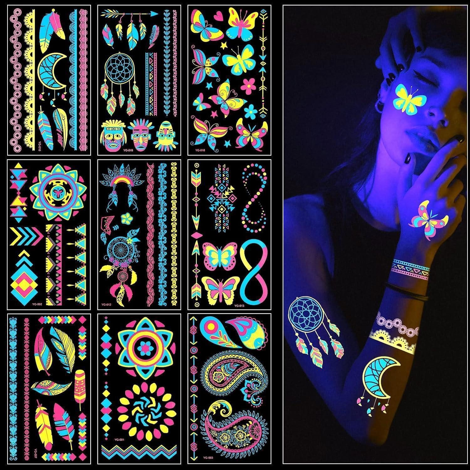 ACWOO Kindertattoo Neon Tattoos 9 Blätter Temporäre Schminke UV Body Painting Tätowierung