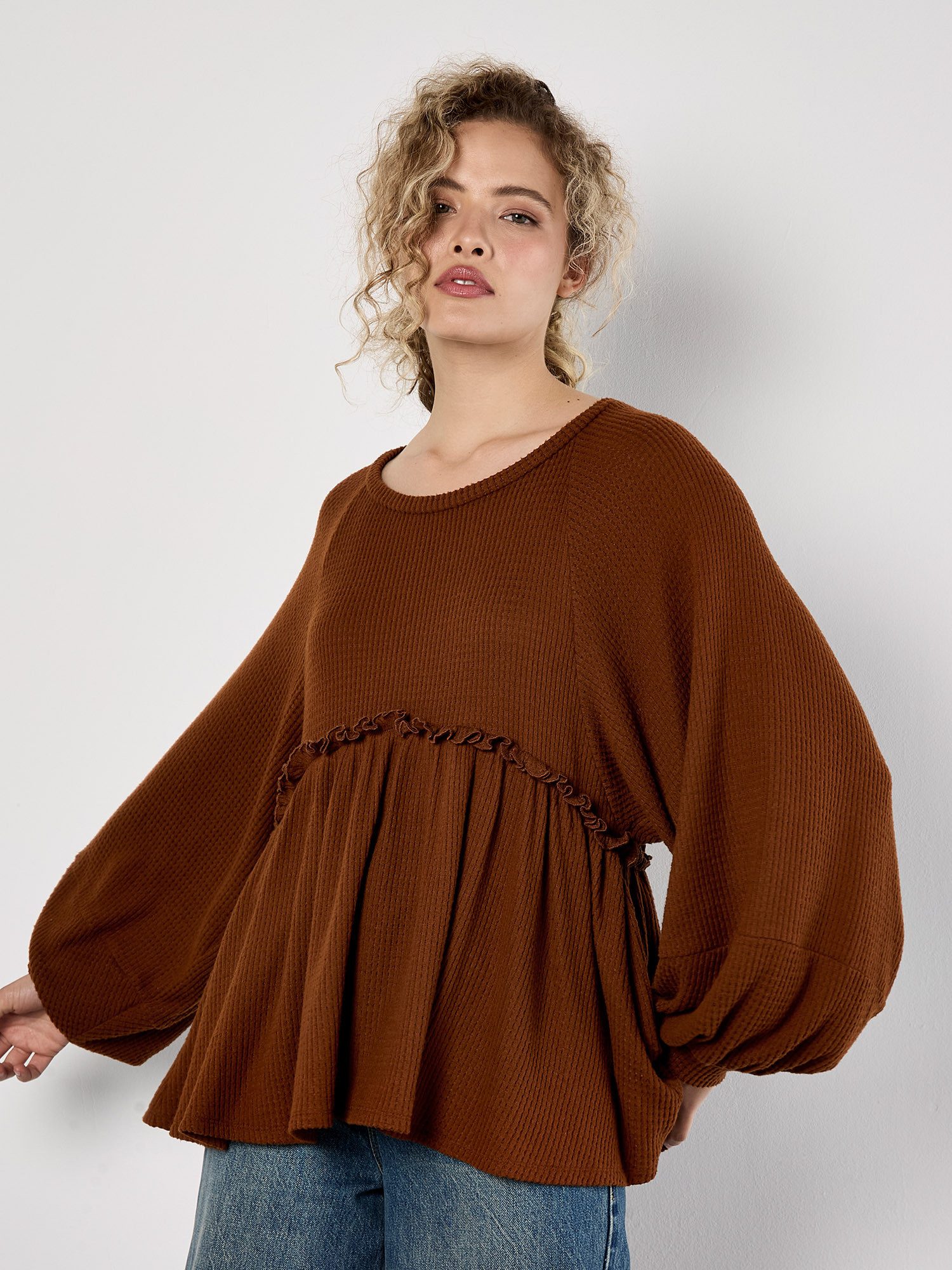 Apricot Stricktop Babydoll-Top in Waffeloptik