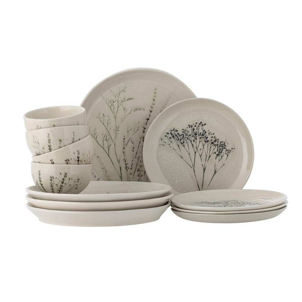 Bloomingville Geschirr-Set Bea, 4 Personen, Natur Steingut 12-teilig mit Blumendesign