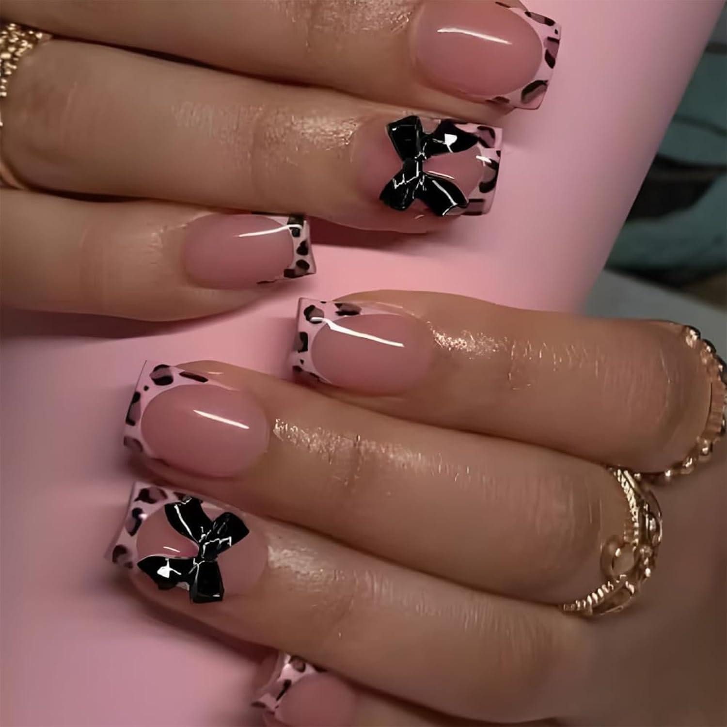 Kunstfingernägel 24er Set Short Square French Tip Leopard Print Falsche Nägel