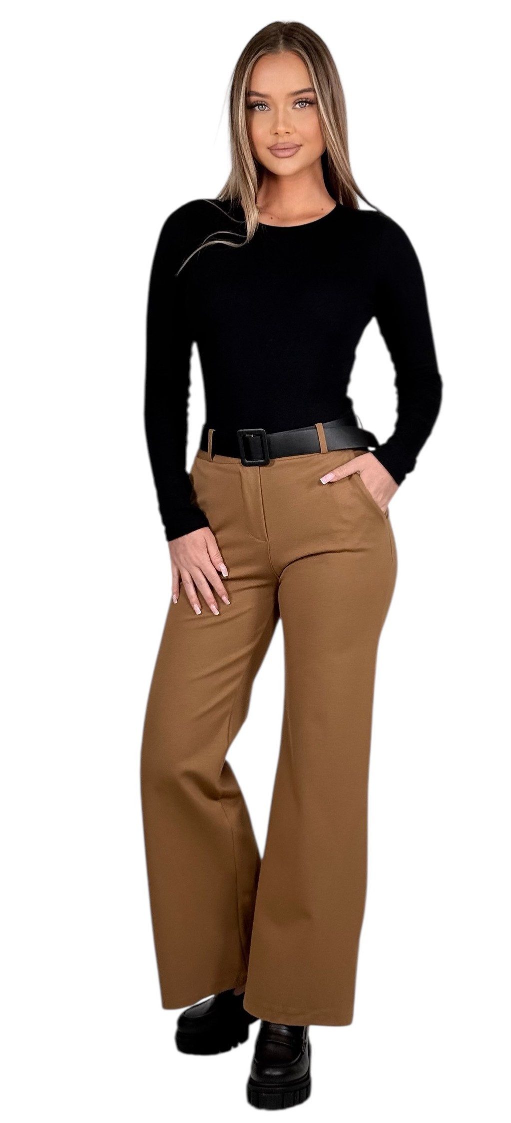Mississhop Stretch-Hose Elegante Damenhose mit Gürtel und geradem Bein M.431