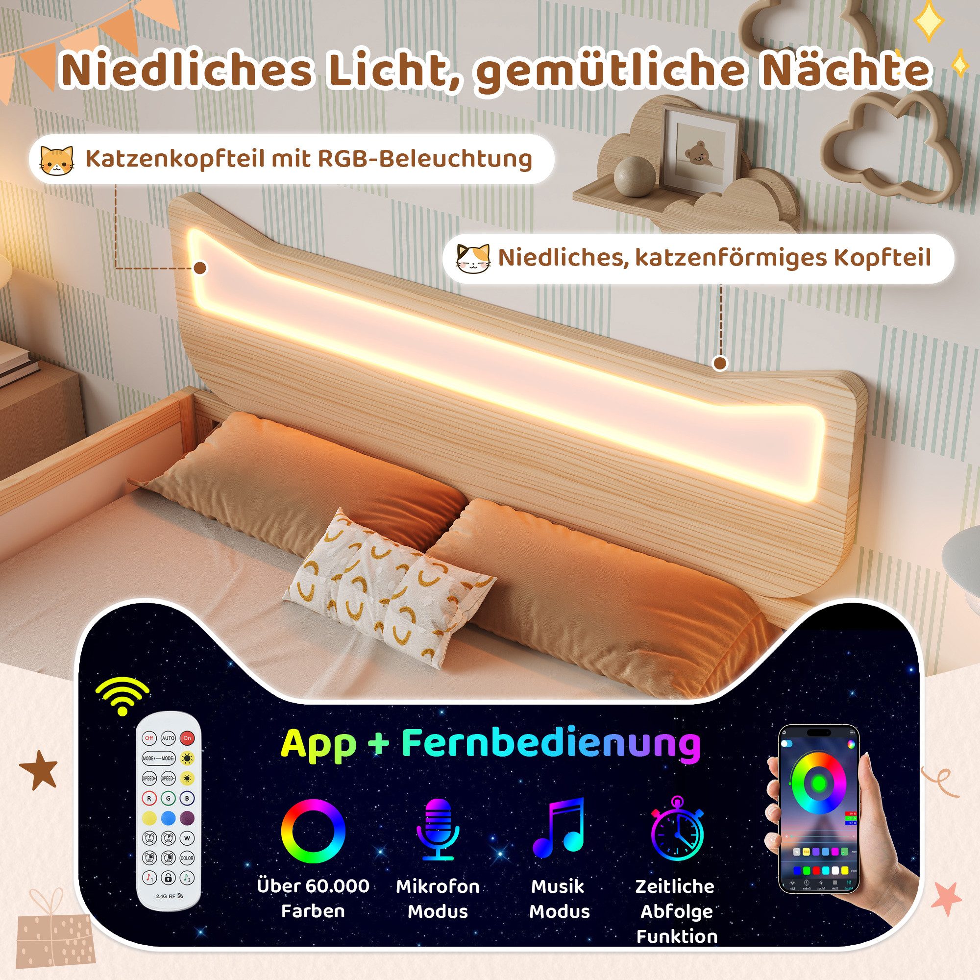 Flieks Kinderbett flexible Schublade & Staufach links/rechts montierbar, Massivholzbett 140×200 cm mit Katzenohren Kopfteil und LED‑Beleuchtung – Bild 4 von 5