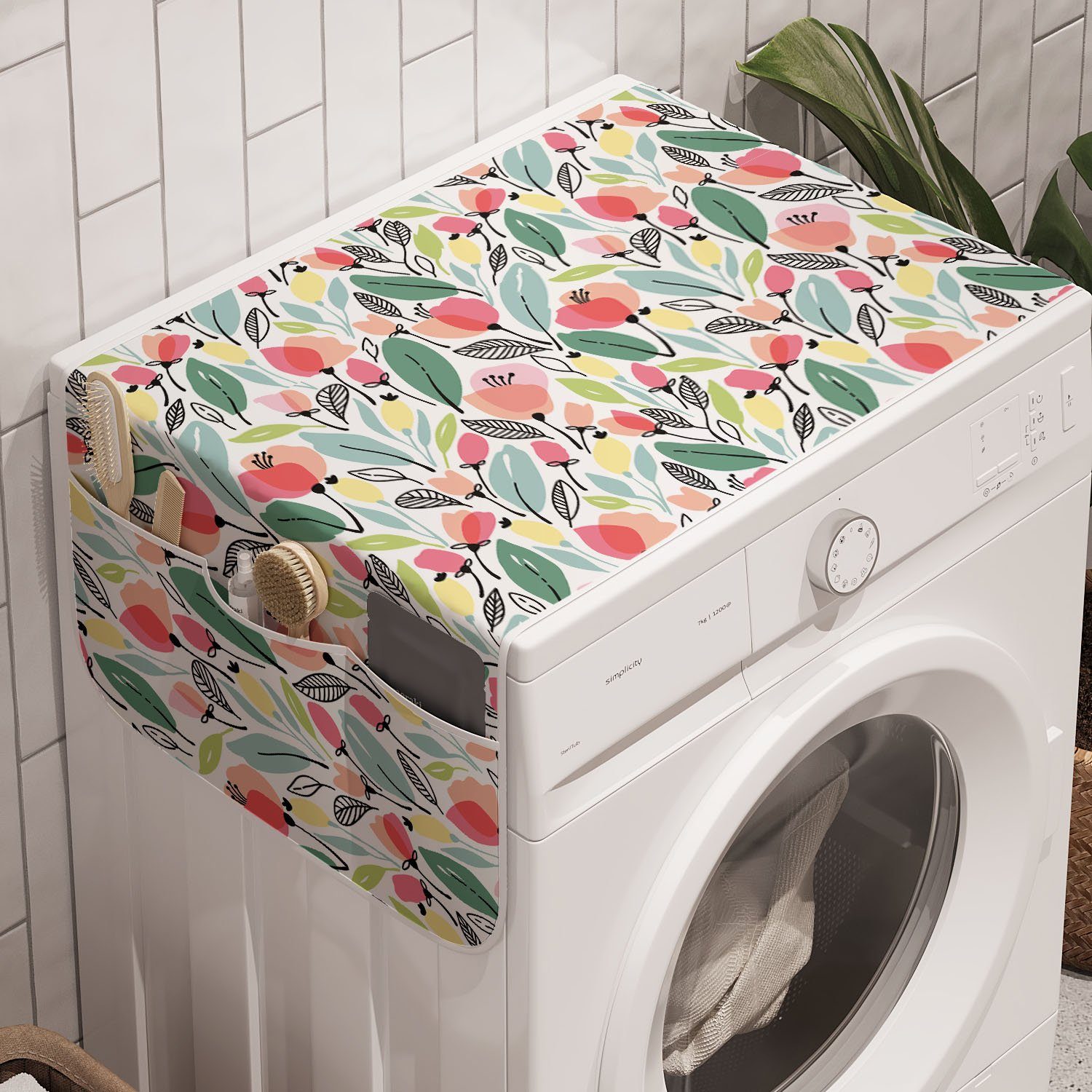 Blatt und Hand Badorganizer Waschmaschine Trockner, Poppies Abakuhaus Anti-Rutsch-Stoffabdeckung gezeichnete Art für