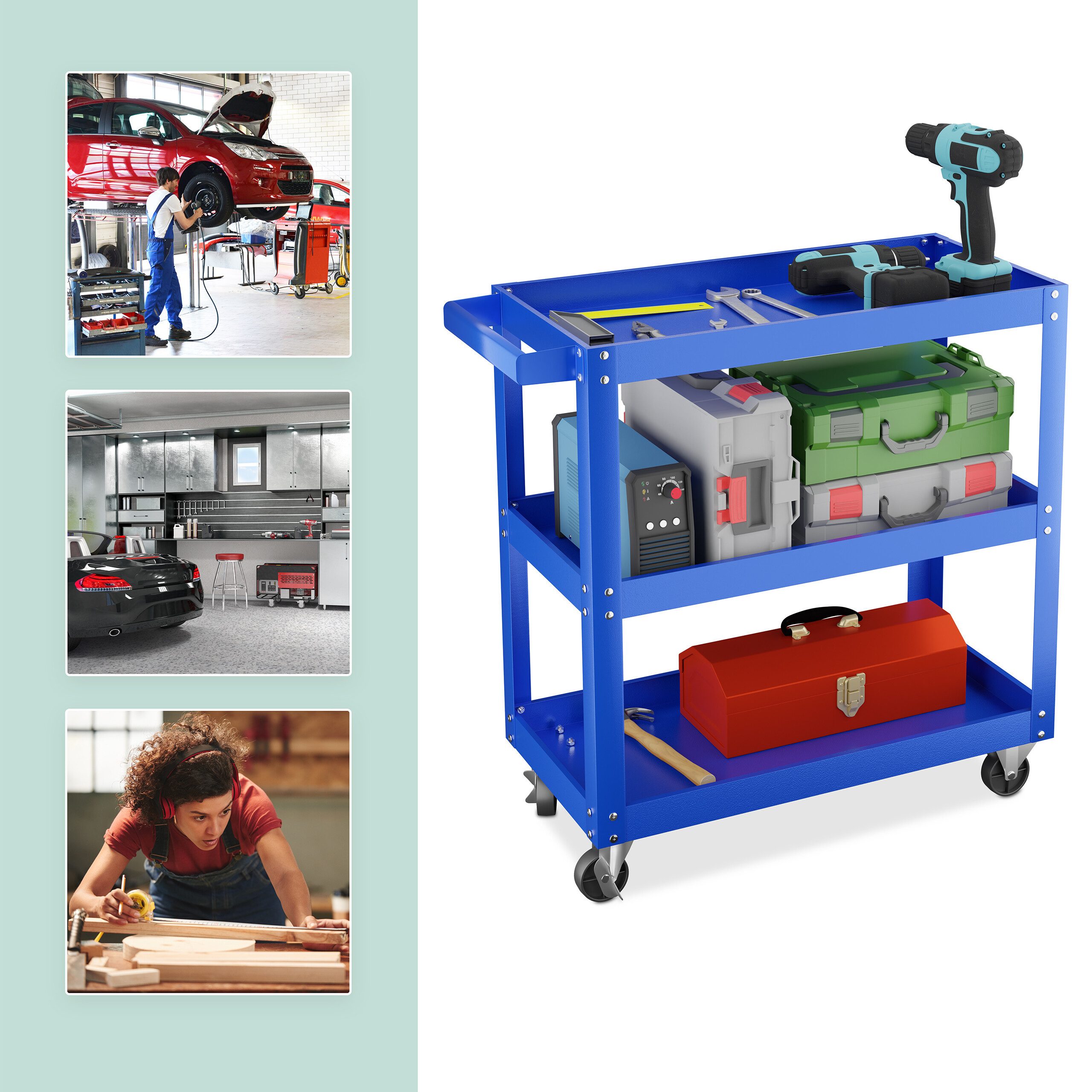 relaxdays Werkstattwagen mit 3 Ebene, blau, max. Traglast:100 kg, blau