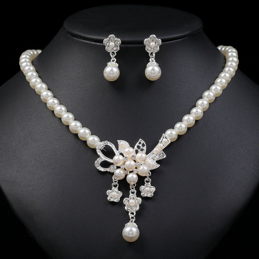 POCHUMIDUU Ohrring und Ketten Set Imitation Perle Blume Ohrringe Halskette Set (3-tlg), Künstliche Zuchtperlen