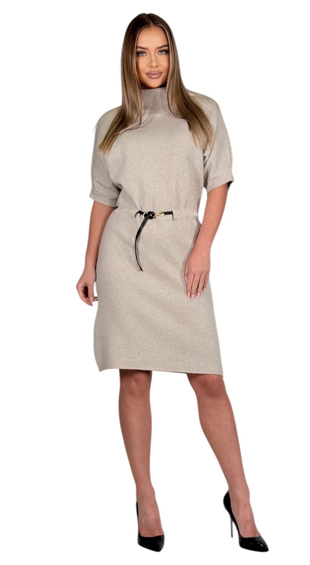 Mississhop Strickkleid Damen Strickkleid mit Stehkragen und Gürtel M. 426