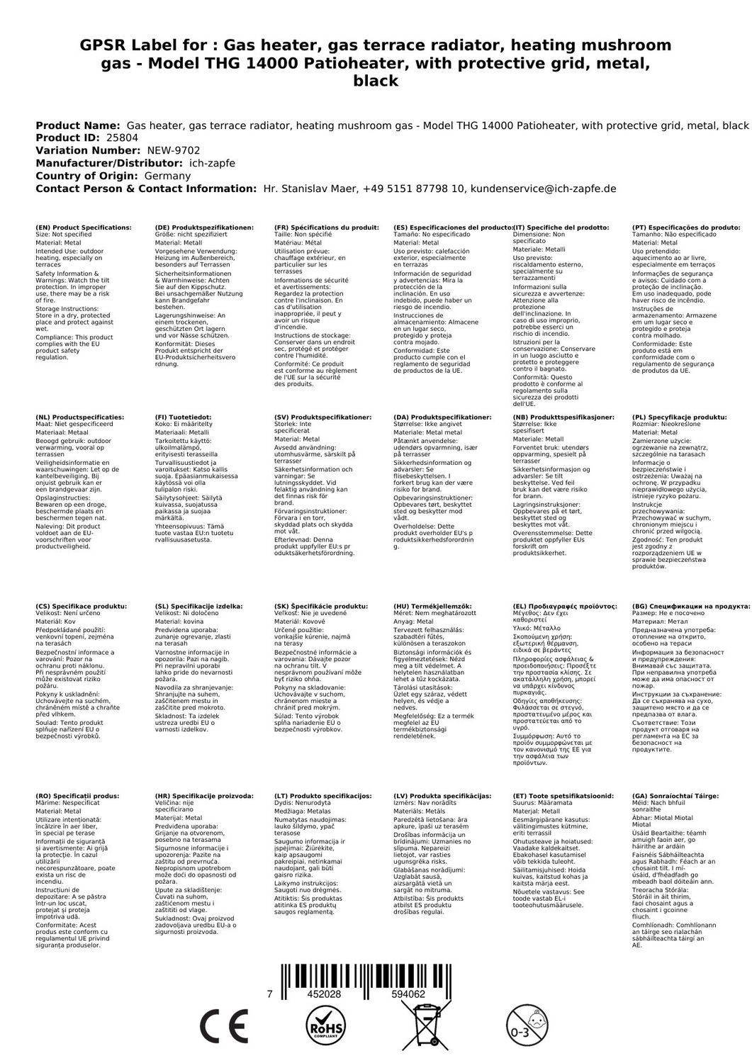 Saro Terrassenstrahler Gasheizstrahler-THG 14000 Patioheater, mit Schutzgit günstig online kaufen