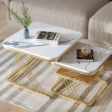 FUROKOY Couchtisch Couchtisch (2er Set) Mamor-Tischplatte Satztisch mit Metallrahmen, Couchtische aus Schiefer und X-Form Metallbeinen, Minimalistisch Design