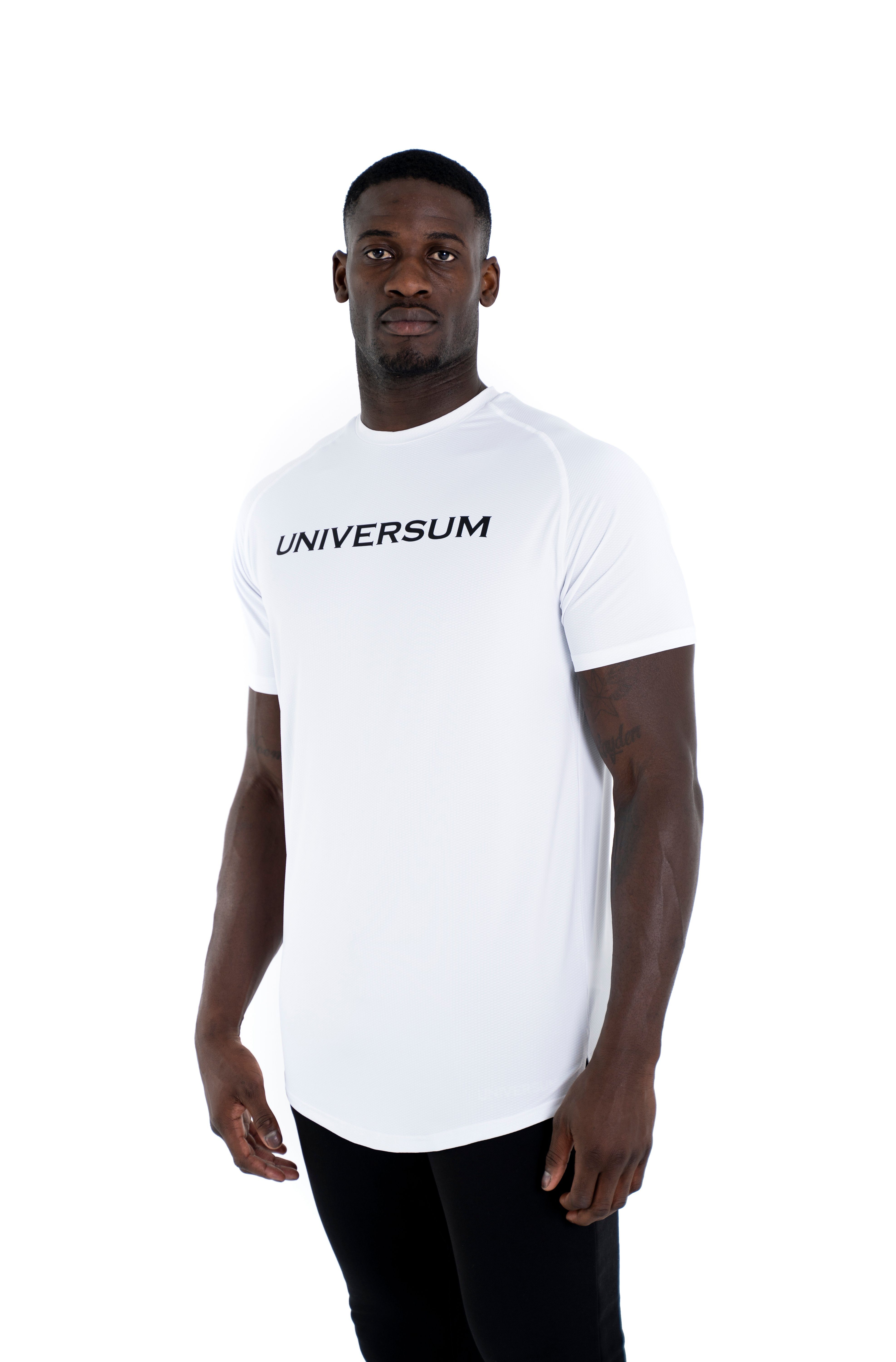 Figurbetont Funktionsshirt weiß Sportlicher Universum elastisch T-Shirt Abgerundeter und Schulterschnitt, Sportwear Saum