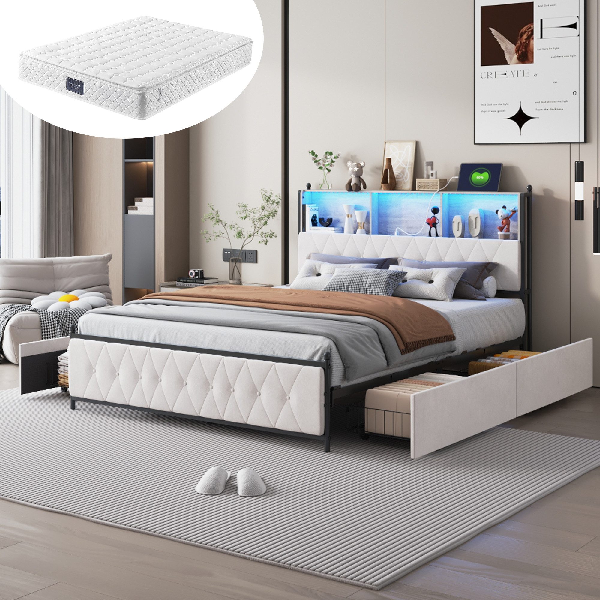 Furnishings Home Polsterbett LED Doppelbett, Stauraumbett mit Kopfteil und 4 Schubladen (7-Zonen Federkernmatratze), Mit LED-Beleuchtung, Ladefunktion, Schubladen, Samt, 160x200 cm