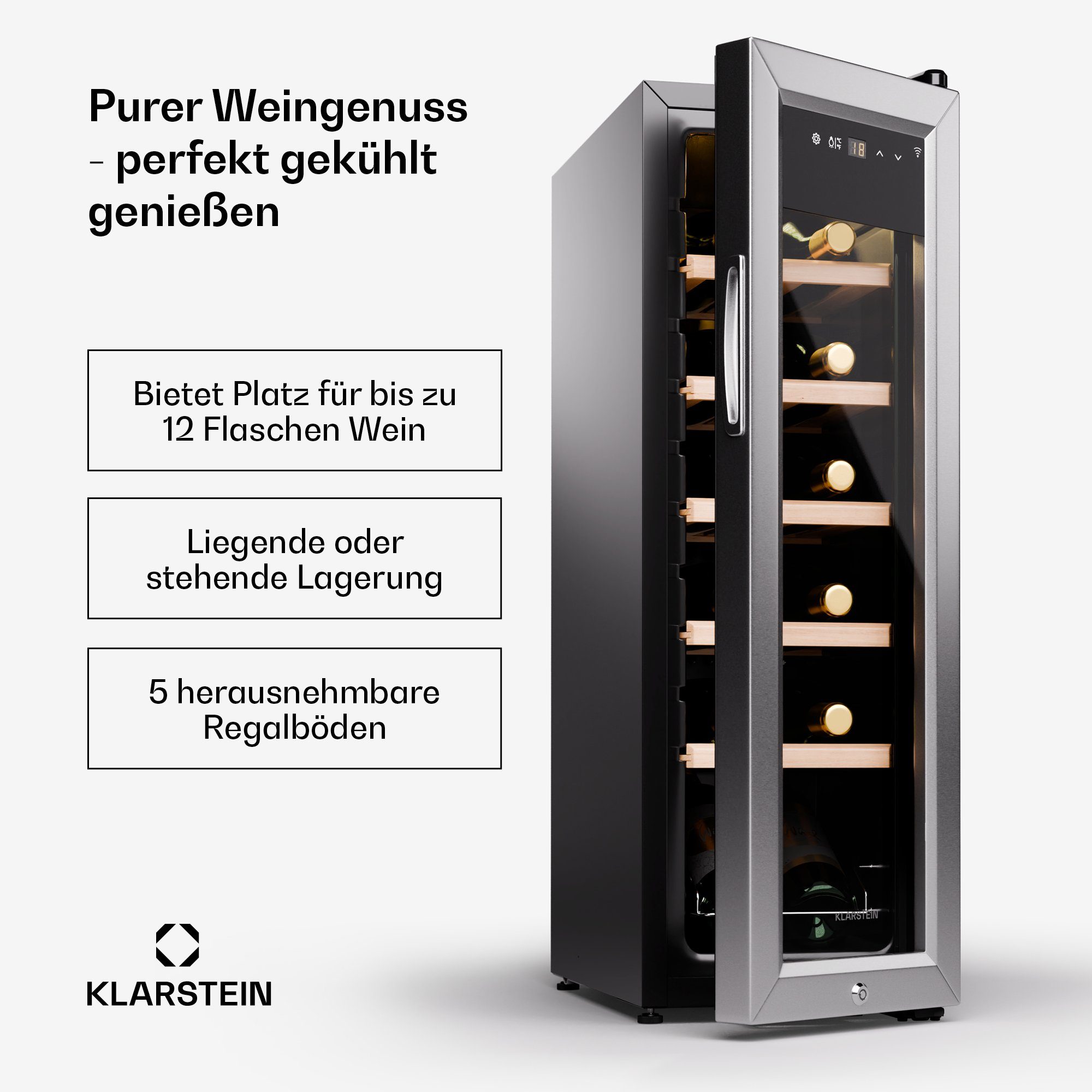 Klarstein Weinkühlschrank Shiraz Premium Smart 12 slim SS, für 12 Standardflaschen á 0,75l,Wein Flaschenkühlschrank Weintemperierschrank Weinschrank Kühlschrank