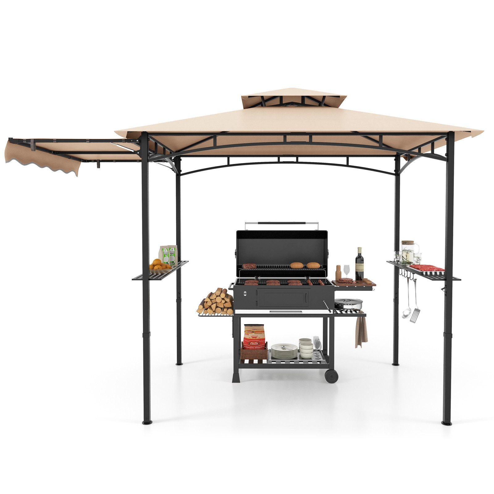 COSTWAY Grillpavillon, 318 x 153 x 250 cm BBQ Pavillon mit Seitenmarkise
