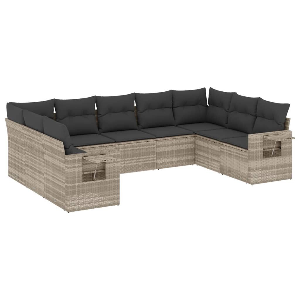 Gartenlounge-Set 9-tlg. Garten-Sofagarnitur mit Kissen Hellgrau Poly Rattan