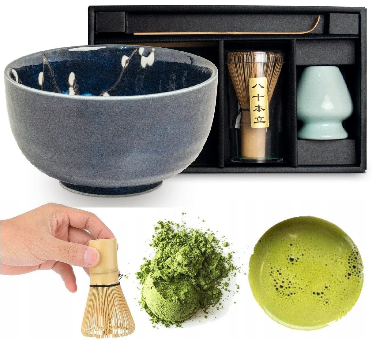 WestCraft Чайний сервіз Matcha Set 4 tlg. Original japanische Matcha Schale mit Besen & Löffel (4-tlg), Bamboo, handgefertigt für eine authentische japanische Matcha & Tee-Zeremonie