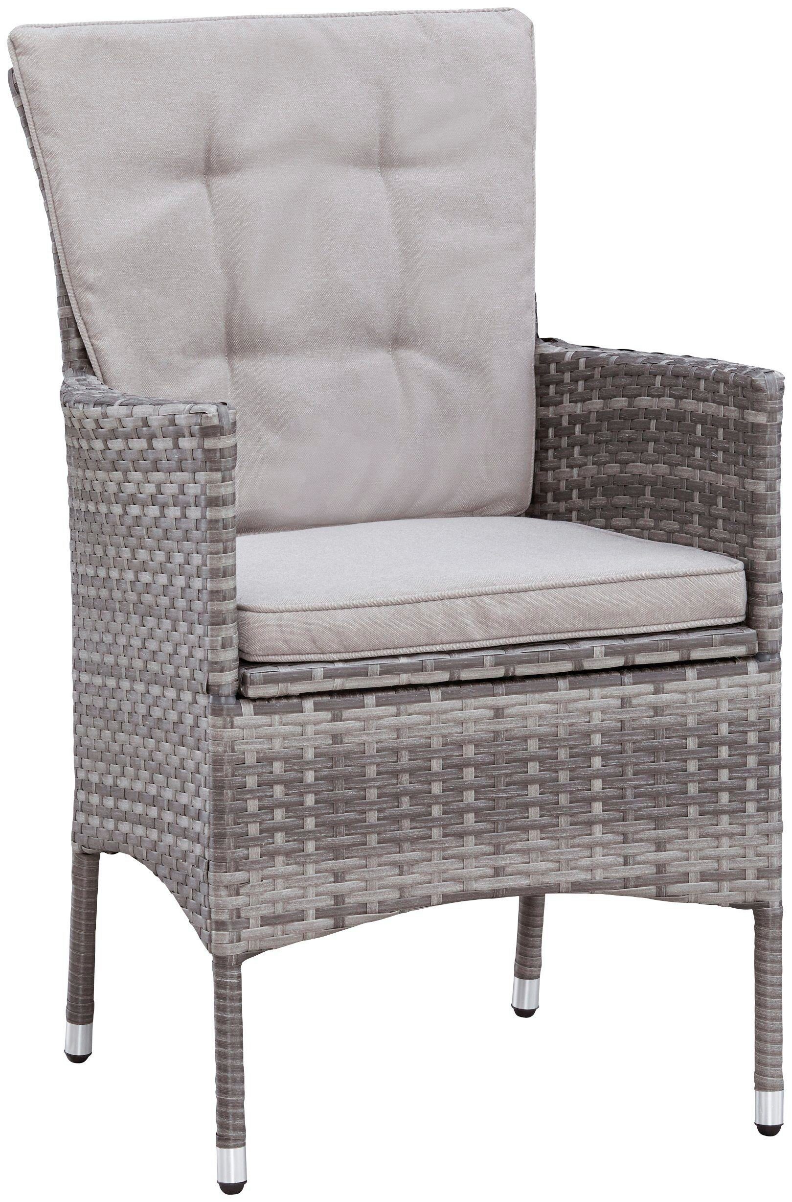 KONIFERA Garten-Essgruppe Parla, (Set, 21-tlg., 6xSessel, 1x AZ-Tisch 150-242,5cm,2x Hocker,inkl. Auflagen, Polyrattan), 2 der 6 Sessel sind verstellbar, Grau, Tischplatte aus Sicherheitsglas