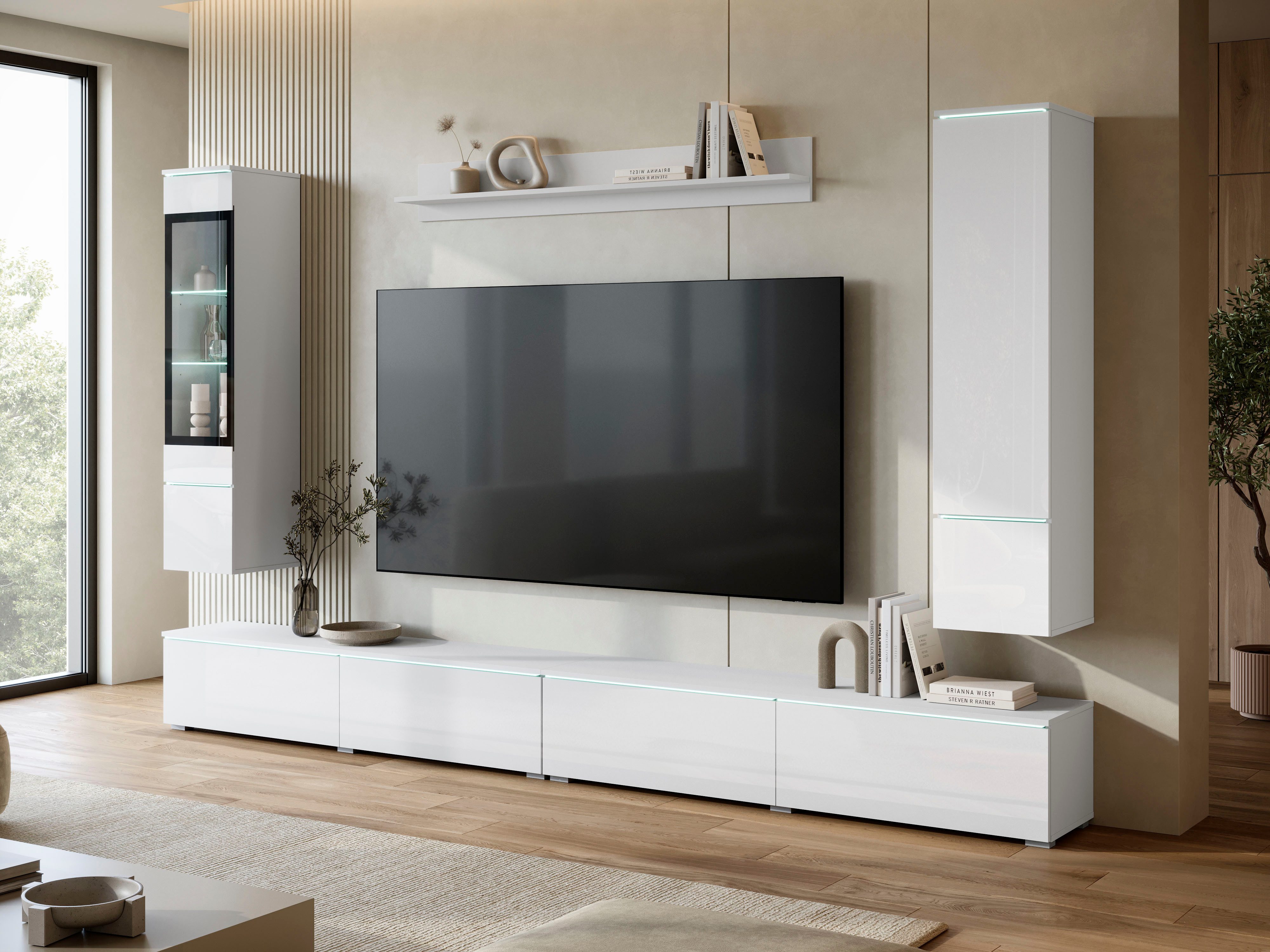 Home affaire Wohnwand Vera, Breite 300 cm, (Komplett-Set, 5-St), Mit LED, Glasvitrine, grifflose Fronten