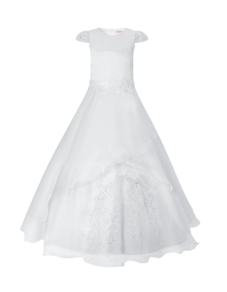 Märchenburg Satinkleid Eleganza Blanca Kommunionkleid Prinzessinnenkleid m. Spitze & Reifrock - KOMMUNIONKLEID - Lilie 2026 -zarte Spitzenärmel u. feine Stickereien