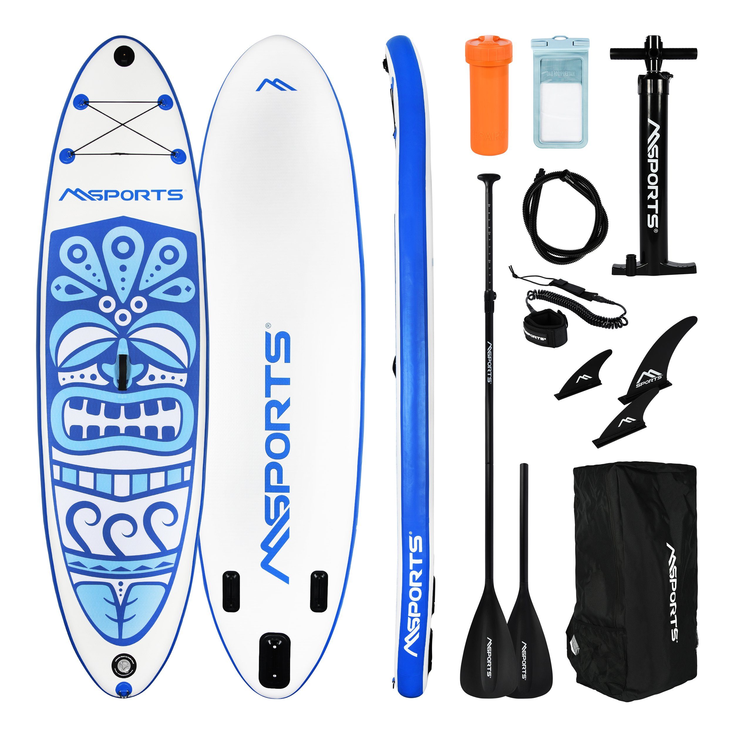 MSports® Inflatable SUP-Board Paddleboard Aufblasbar Paddle Zubehör Blau Komplettes inkl. Board Up Stand