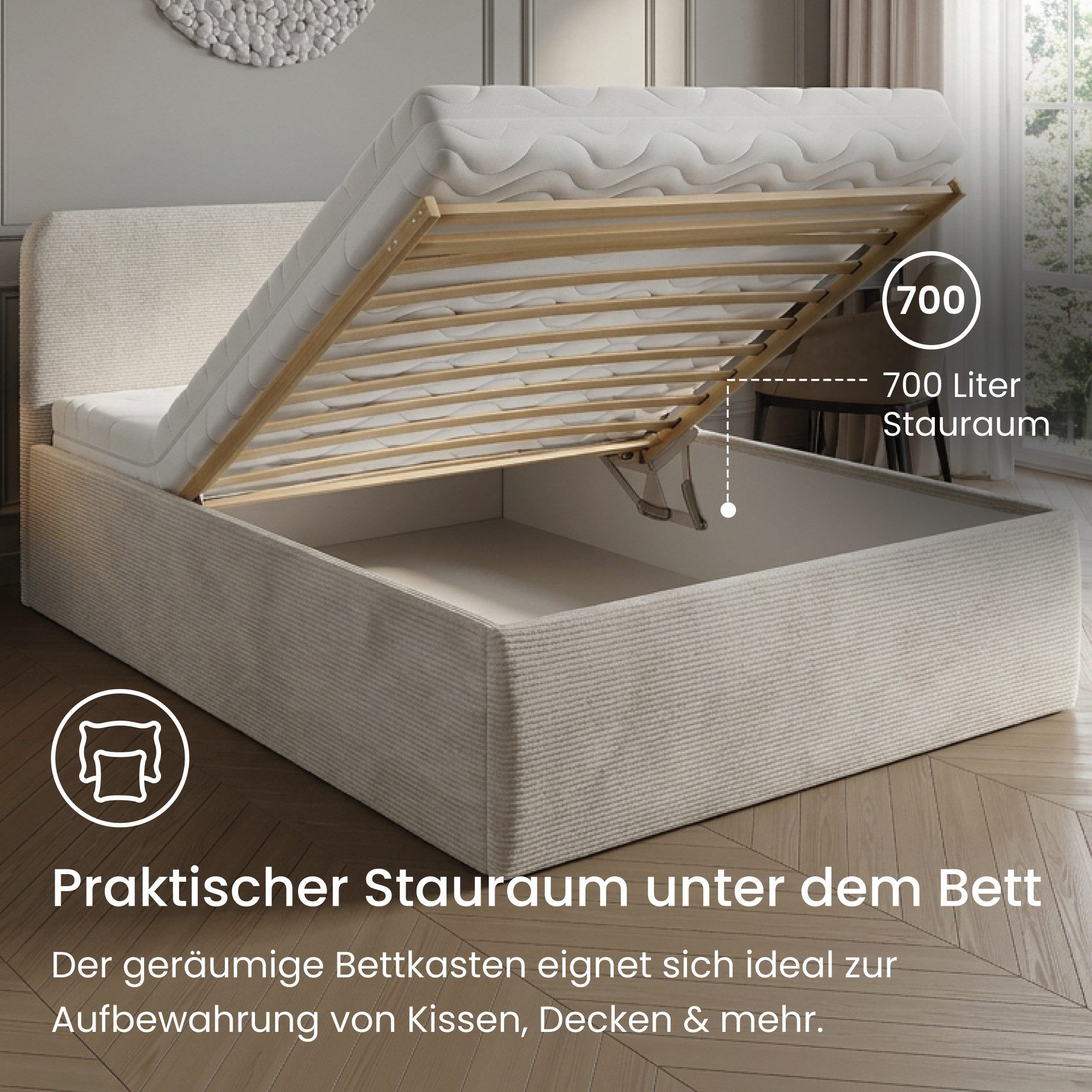 Home Collective Polsterbett Bett mit Stauraum, verstellbarem Lattenrost, viele Größen (Größen: 100x200 120x200 140x200 160x200 180x200 200x200, hochwertiger Kor – Bild 5 von 5