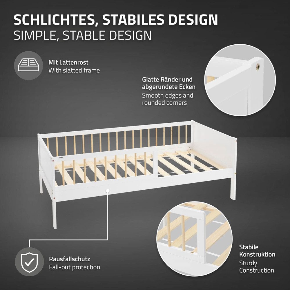 ML-DESIGN Jugendbett Bodenbett Juniorbett inkl. Lattenrost Einzelbett für Kinder Kinderbett, Junior-Bett mit Rausfallschutz & Matratze Bettrahmen aus MDF / Kief – Bild 4 von 5