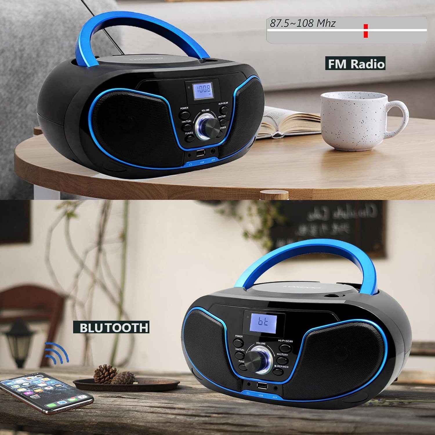 LONPOO Boombox Bluetooth - mit UKW Radio, USB Eingang CD-Player
