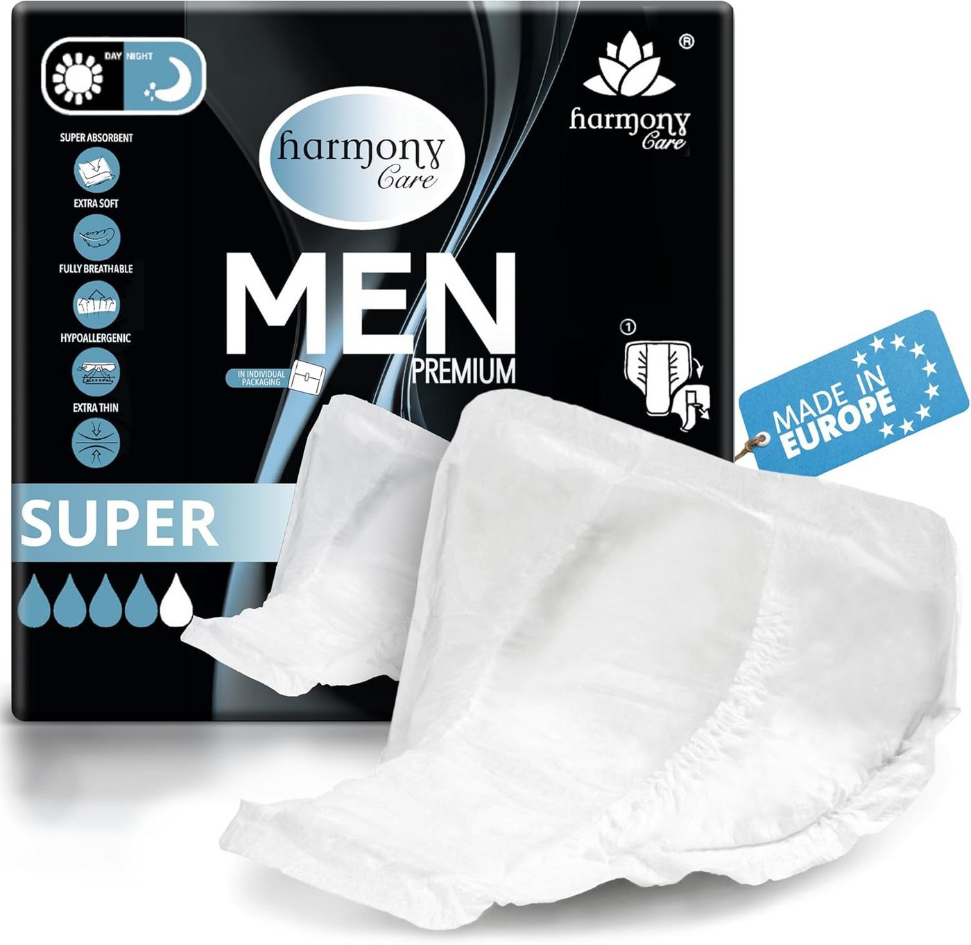 Harmony Care Inkontinenz-Einlage für Männer - Einlagen bei Inkontinenz für Herren, Saugkraft bis zu 470 ml, 20-St., bei leichter bis mittlerer Blasenschwäche, Inkontinenz Männer