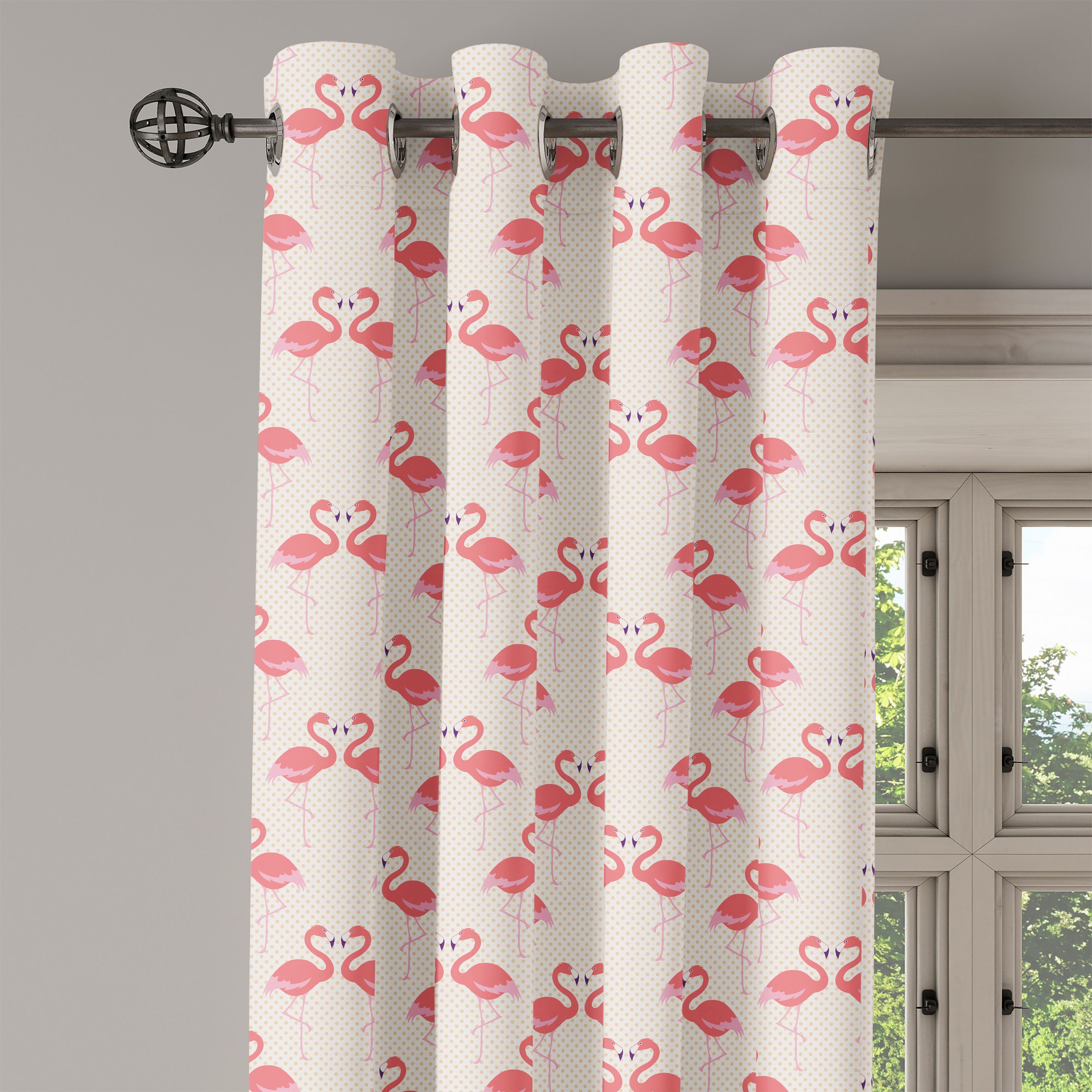 Flamingo 2-Panel-Fenstervorhänge für Wohnzimmer, Schlafzimmer Retro Gardine Dots Vogel Dekorative Tropic Abakuhaus,