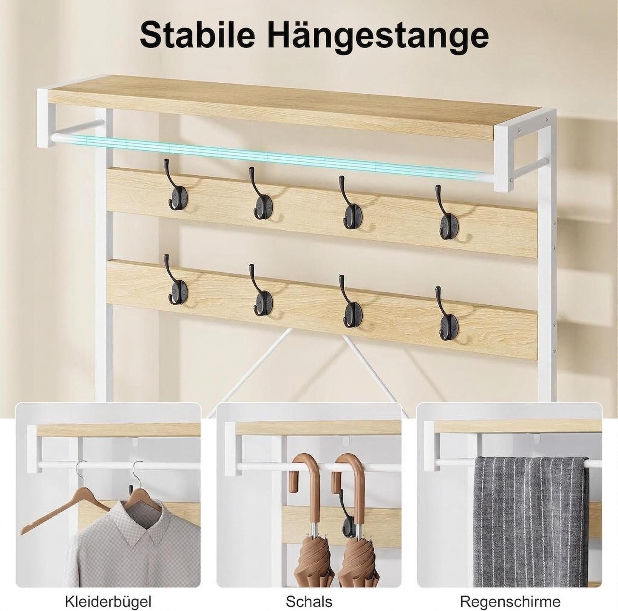 GarveeMore Garderobenständer 4-in-1 mit Sitzbank,3 Etagen Ablage und 8 Haken,183cm, mit Schuhbank,verstellbare Füße,Kleiderstange,101x40x183cm