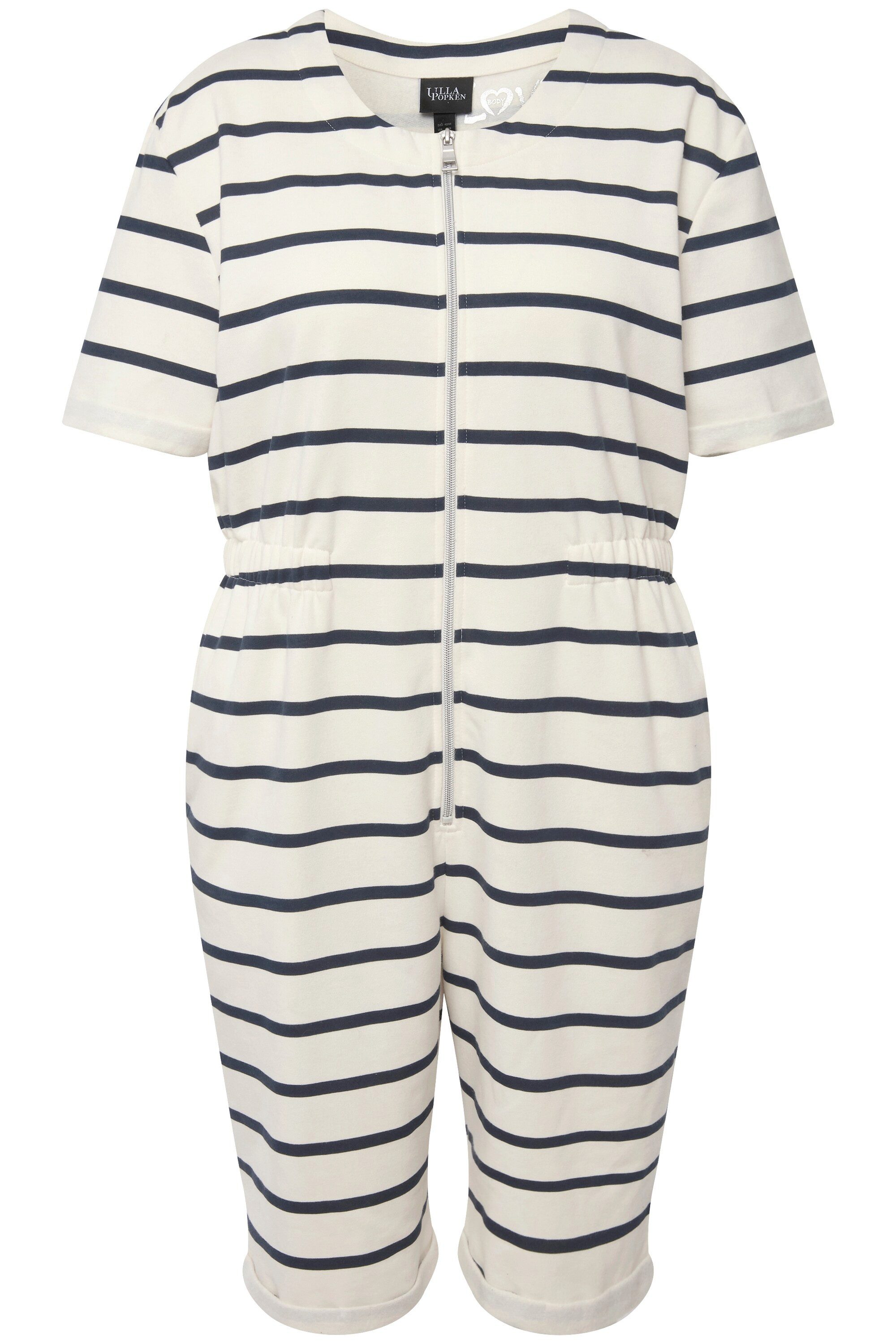 Ulla Popken Overall Loungewear-Jumpsuit Ringel Rundhals Zipper Halbarm