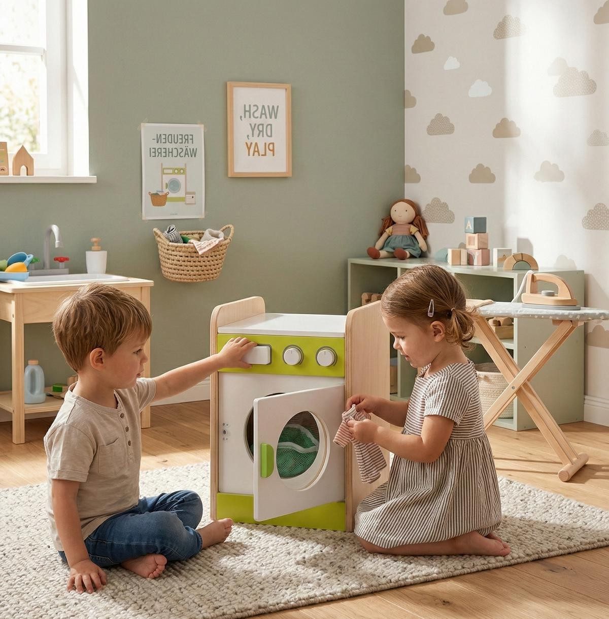 Xlmoebel Spielküche Holzspielzeug Waschmaschine für Kinder in Grün-Weiß mit Tür und Holz, Made in Europa