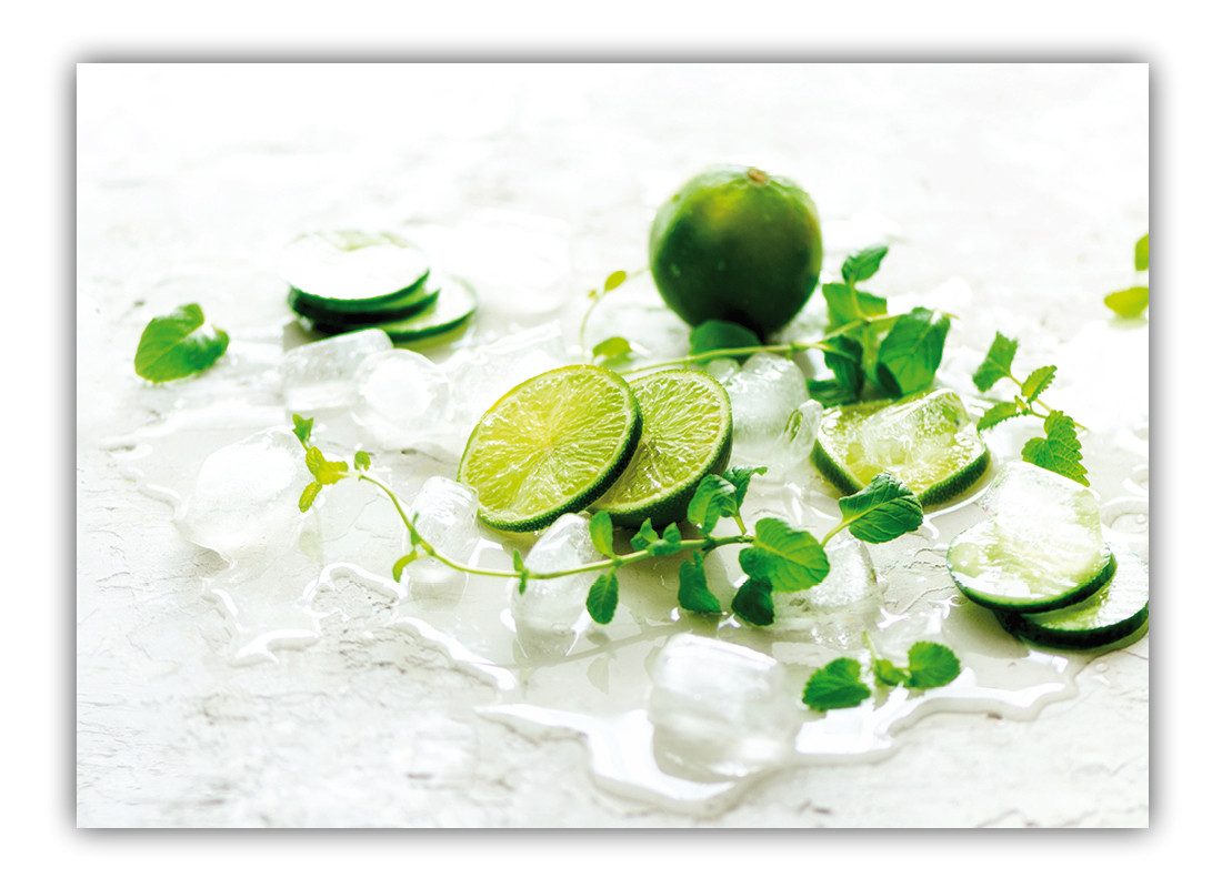 LYSCO Poster XL 50 x 70 cm Frische Limetten mit Kräutern auf Wasser und Eis, XL Poster (F-253) Küche Limette, Limettenscheiben und Pfefferminze mit Wasser auf Eis (DIN B2, 1 St), köstliche Küchenposter, Plakate (Lieferung erfolgt gerollt)
