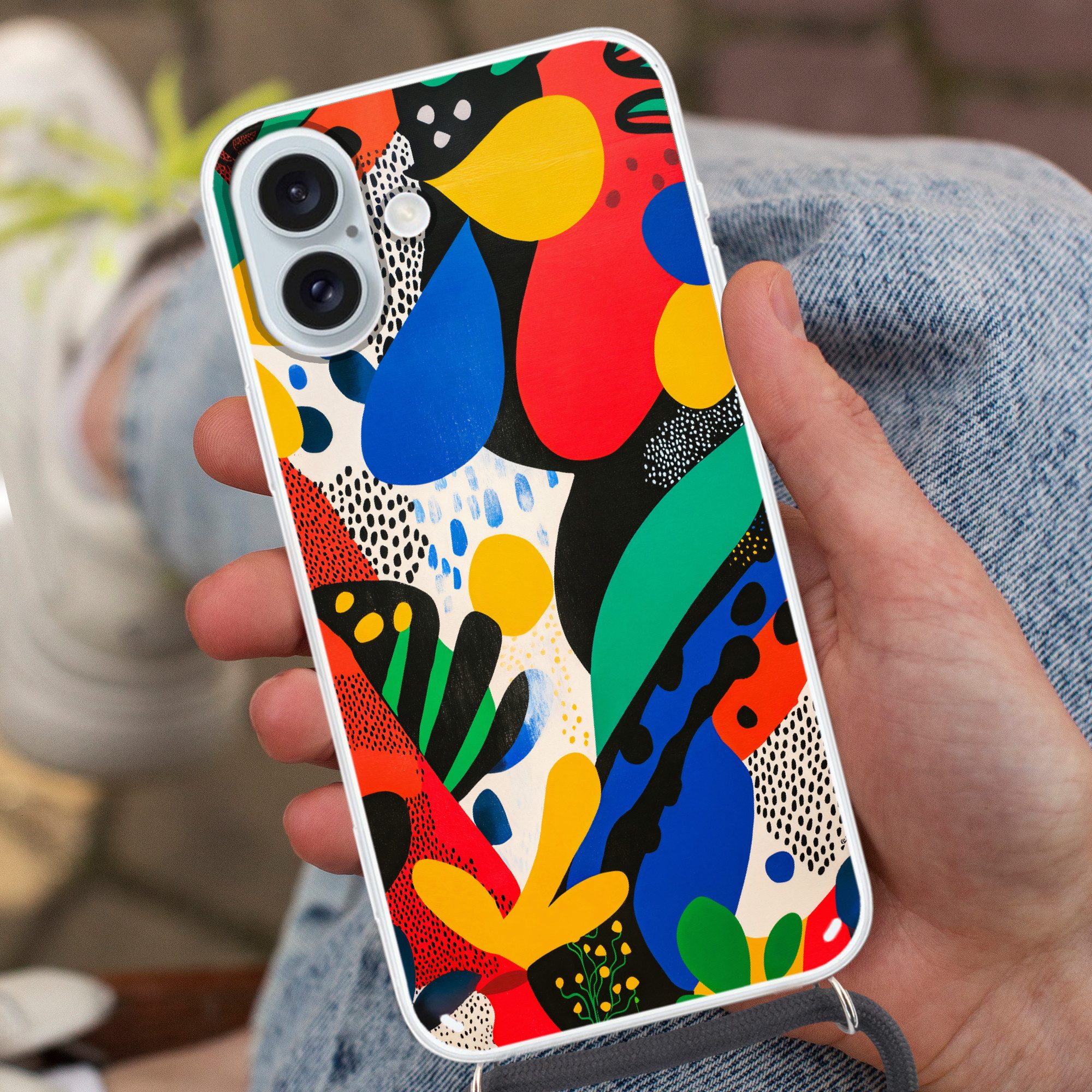 MuchoWow Handyhülle für Apple iPhone 16 Plus Abstrakt - Pflanzen - Formen - Farbenfroh, Tragbare Handyhüllen mit Kette zum umhängen, Handykette Handyband