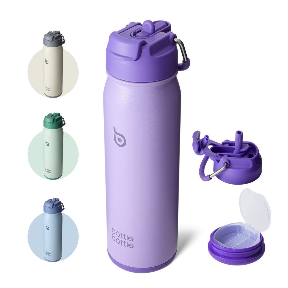 BOTTLE BOTTLE Trinkflasche Edelstahl Trinkflasche 24oz(709ml) mit Strohhalm Griff und Pillenfach, für Outdoor Schule, isolierte sportflasche