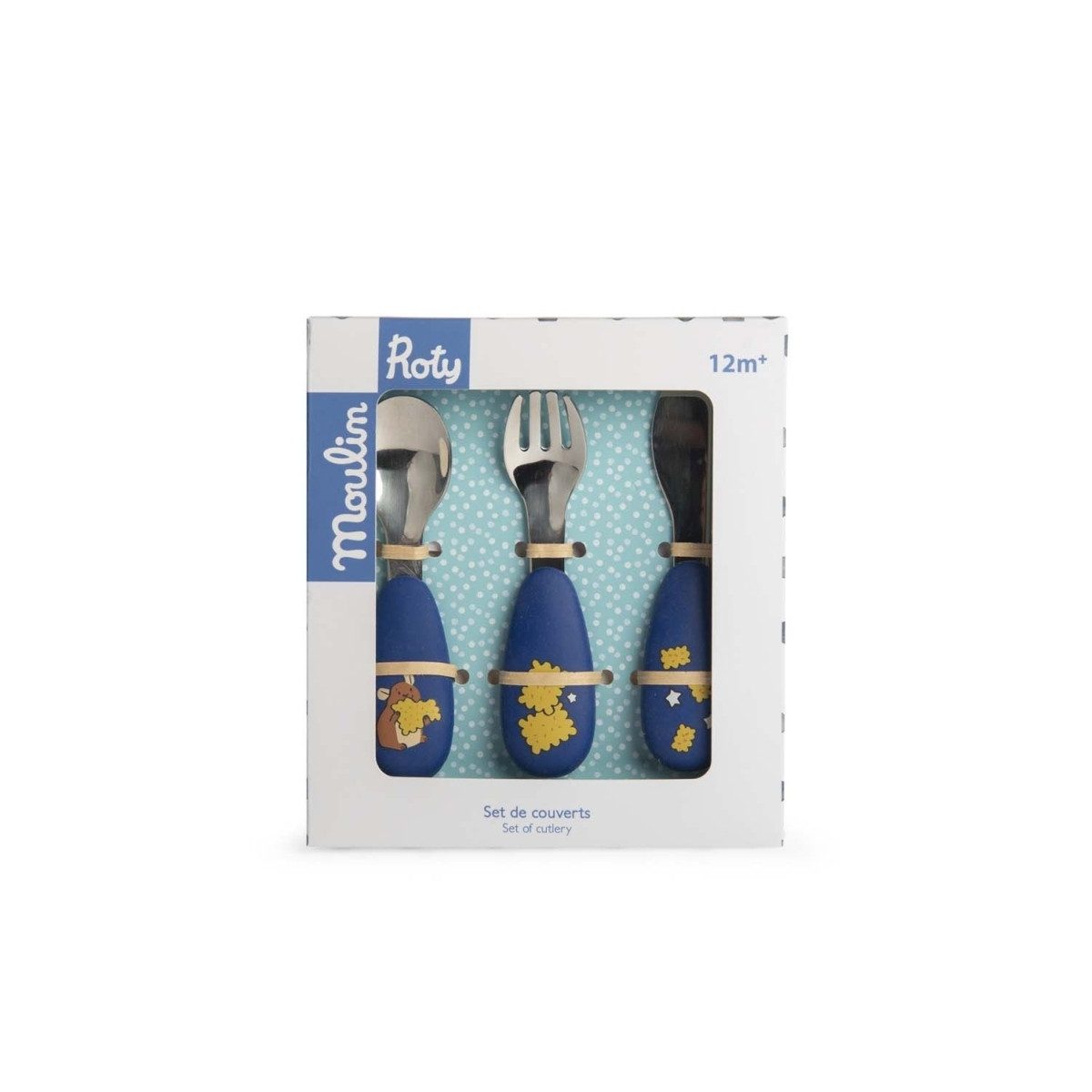 Moulin Roty Kinderbesteck Kinderbesteck mit weichem Griff 3er Set 12 cm Messer Gabel Löffel, 1 Personen