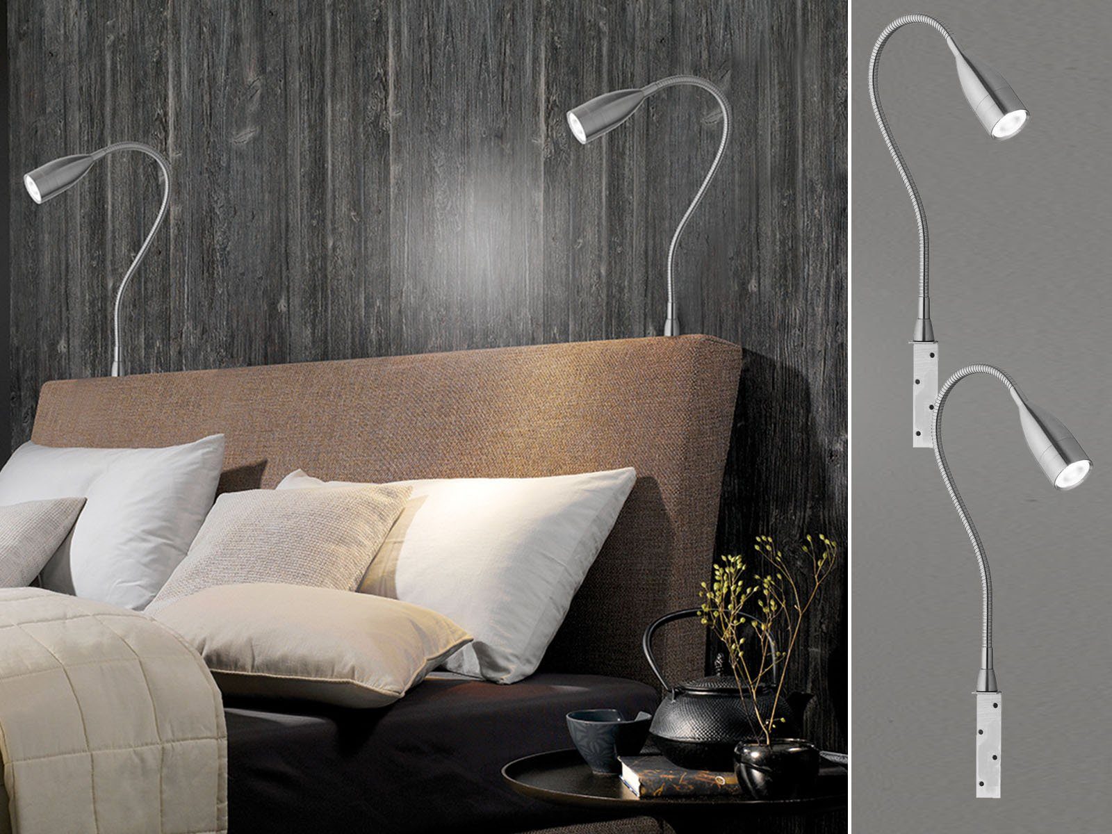 FISCHER & HONSEL Bettleuchte, Dimmfunktion, LED fest integriert, Warmweiß,  2er SET Bett-Leuchten Schwanenhals-Lampen für Sofa & Kopfteil Bett | Bettleuchten