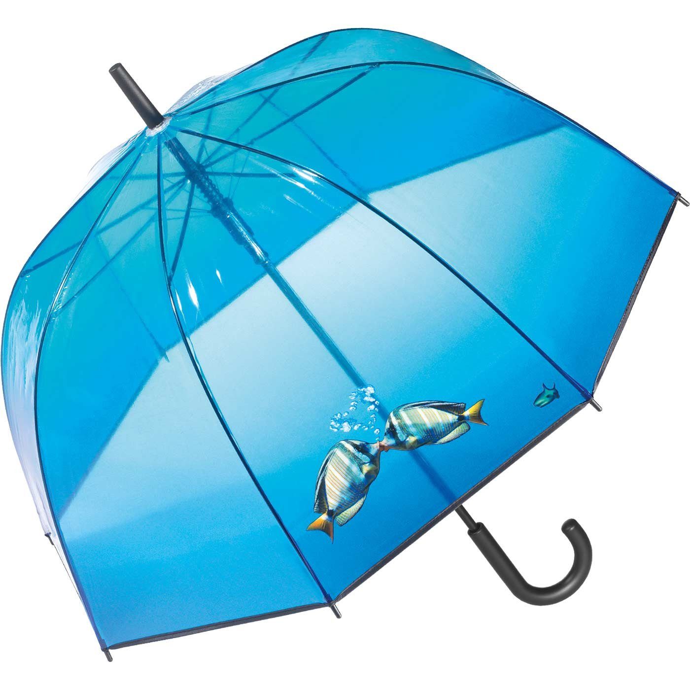 HAPPY RAIN Stockregenschirm großer, transparenter Glockenschirm für Damen, durchsichtig blau mit Fischen - kissing fishes